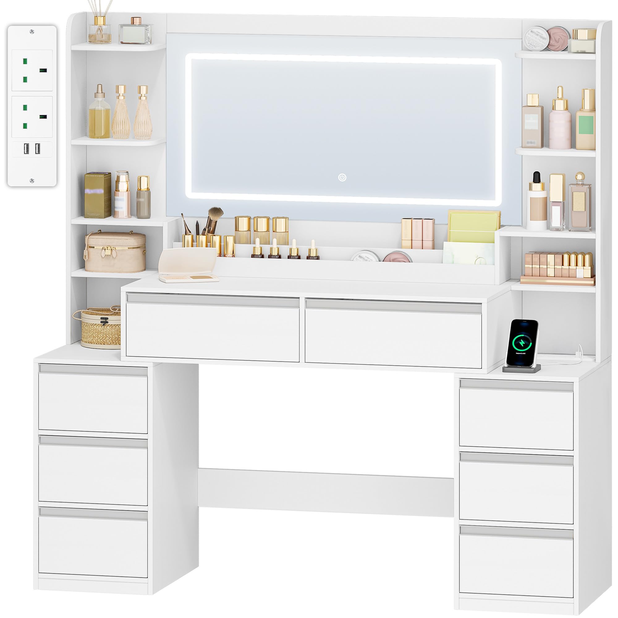 HEXCELEN 135 cm Dressing Table with Mirror, Vanity Desk, Adjustable 3-Colour LED Lights, Dressing Table with Plug, Hairdryer Holder, 8 Drawers, Open Storage Spaces, Modern, White-Silver