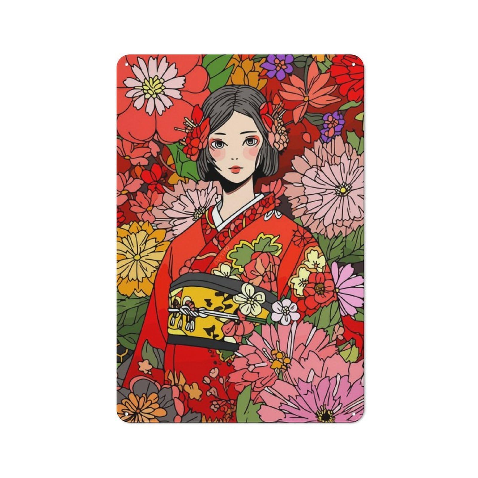 Junmoney Japanese Kimono Kawaii Art Industrial-Style Metal Plaque 30X20cm For Workshop Wall, For Vintage Wall Decor Fans, For Themed Room Decoration