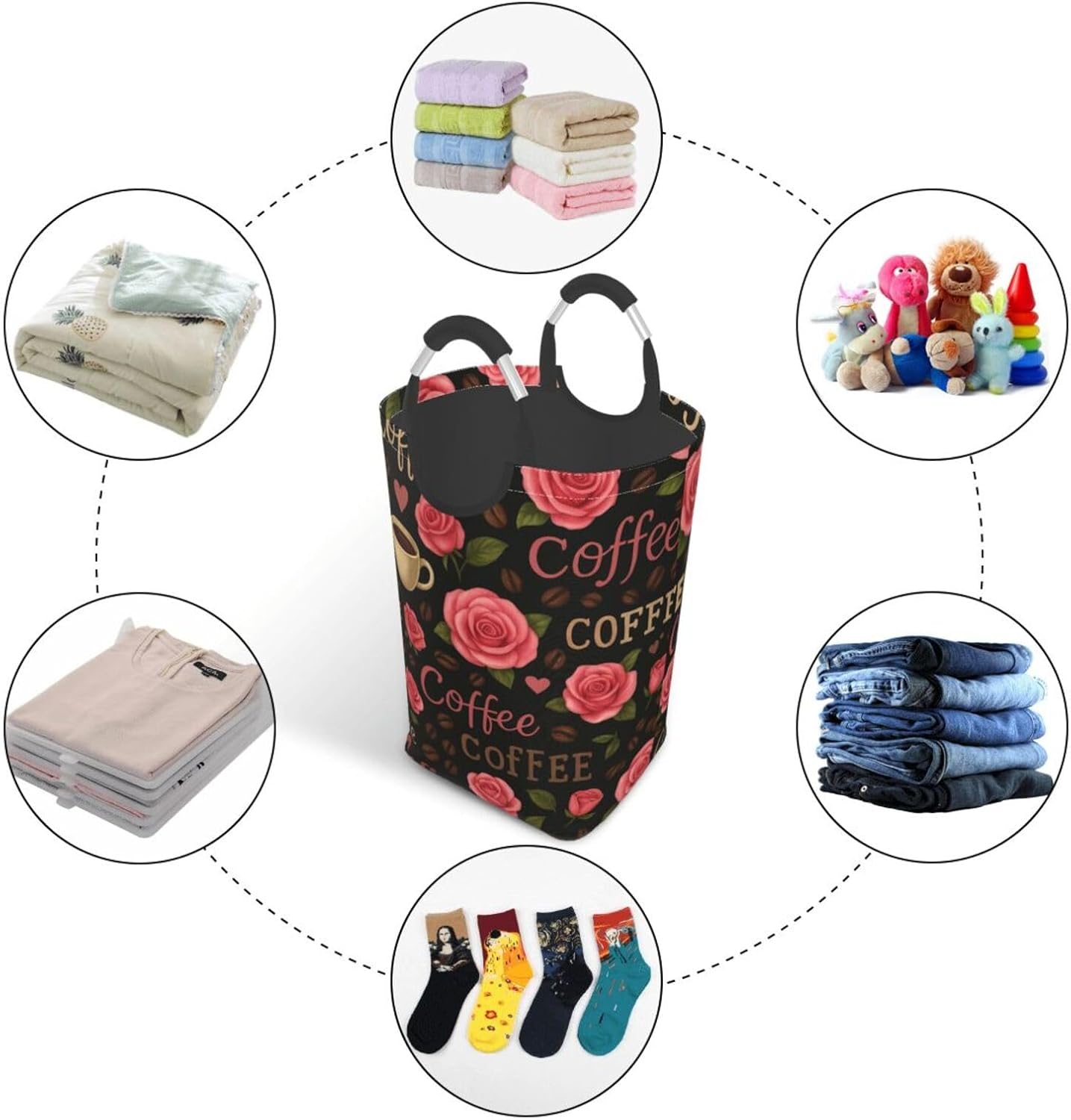 50l Laundry Basket Coffee Lovers Pattern Waterproof Laundry Hamper Foldable Clothes Laundry Bag With Handles