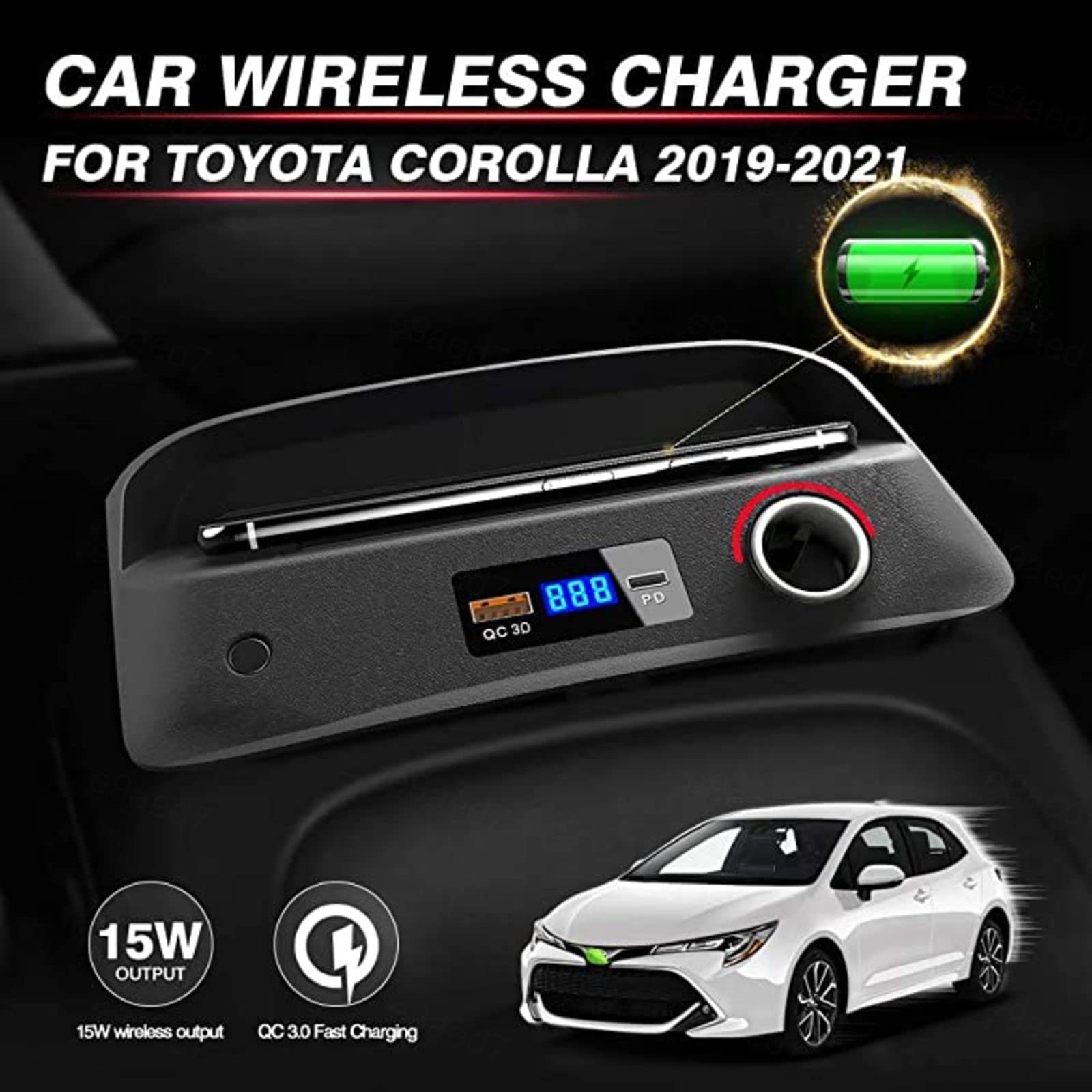 Cargador de Coche inalámbrico para Toy-OTA Corolla 2019-2021 Panel de Accesorios de Consola Central con Puerto USB QC3.0 y Puerto PD de 18 W, Cargador de teléfono de Carga rápida de 15 W para 11/P