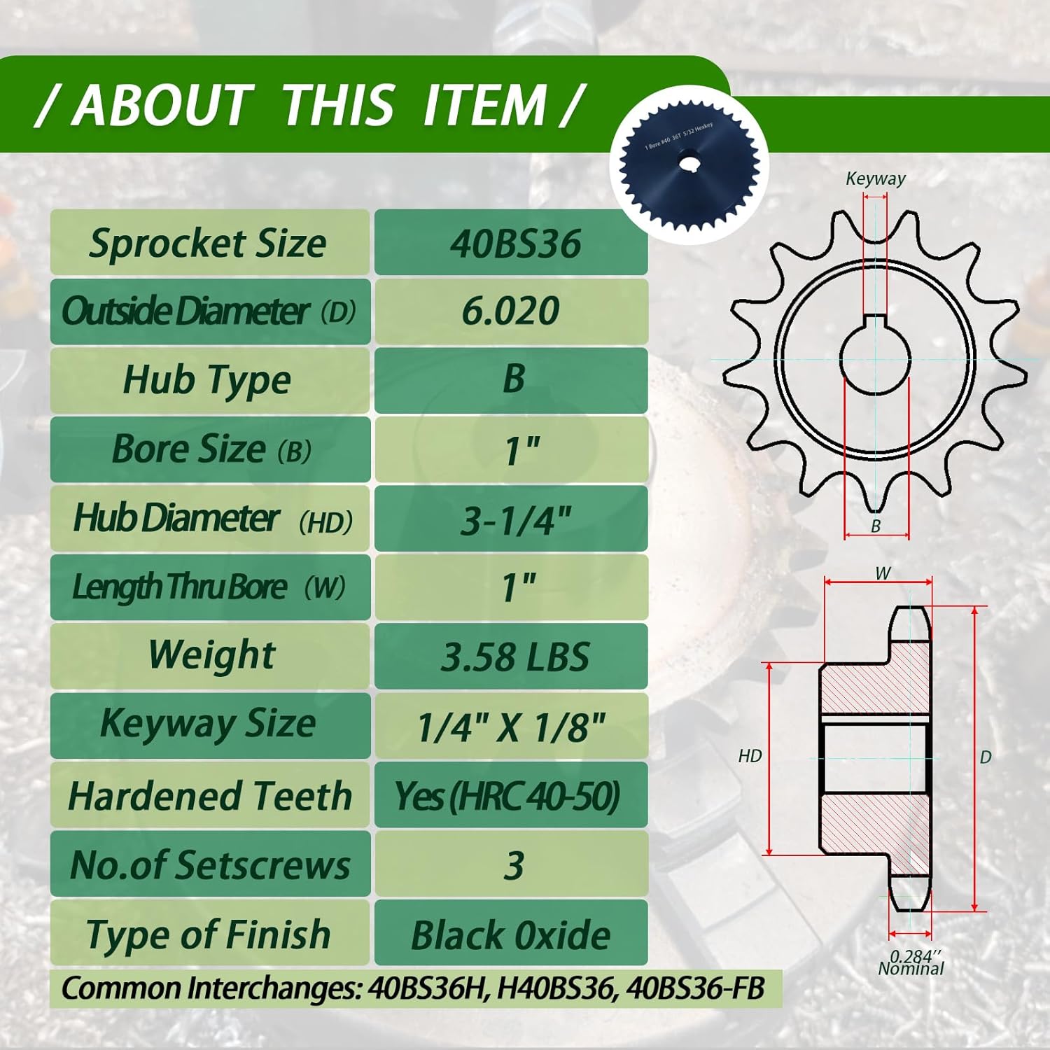 #40 Roller Chain Sprocket 36 Tooth 1" Bore (1/4" Keyway) Black Oxide Rust-Proof with 3 Set Screws for Go-Kart Mini Bike ATV Tractor Conveyor, Hardened 1045 Steel 40BS36-1 - Image 2