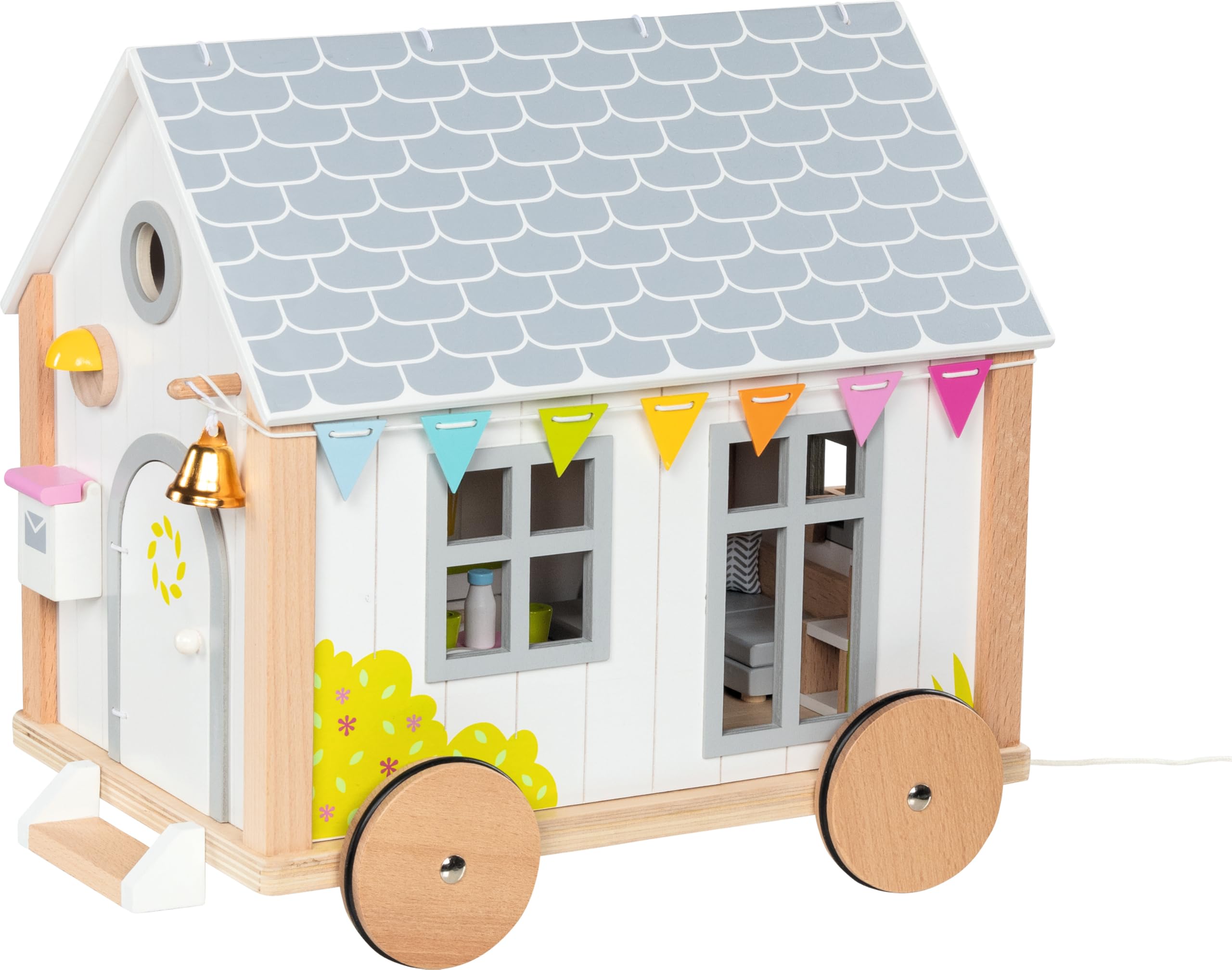 goki 51477 - Tiny House Hygge aus Holz und Textil für Mini-Puppen, Mobiles Puppenhaus im skandinavischen Stil, 38cm x 27cm x 33cm, 40er Set, ab 3 Jahre