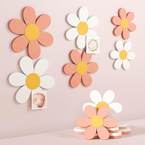 Fluxynara 6 piezas de decoración de pared de flores de fieltro de margaritas, tablón de anuncios de margaritas para guardería y habitación de niñas,