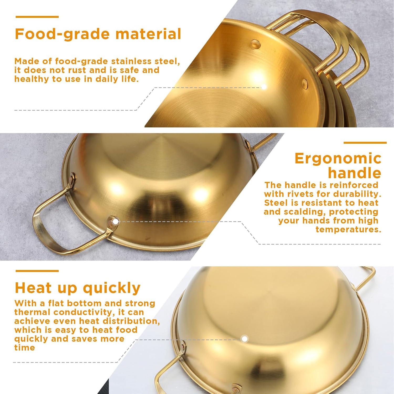 4-Piece Korean Ramen Pot for Stove, Stainless Steel Korean Noodle Pot with Handles, Golden Soup Pots & Cooking Pots for Home & Outdoor Use (Inner Diameter 7.7", 8.5", 9", 10")