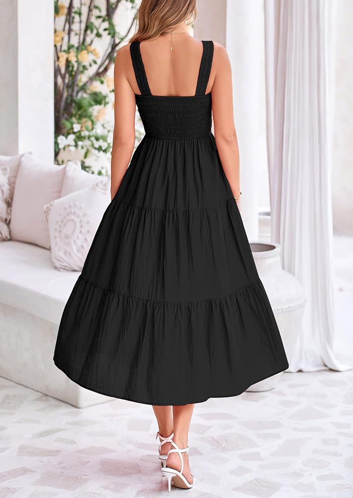 PRETTYGARDEN Womens Smocked Midi Dress 2025 Summer Ruffle A Line Long Flowy  Dresses Cute Sleeveless Beach Sundress (Black,Large) at Amazon Women's  Clothing store