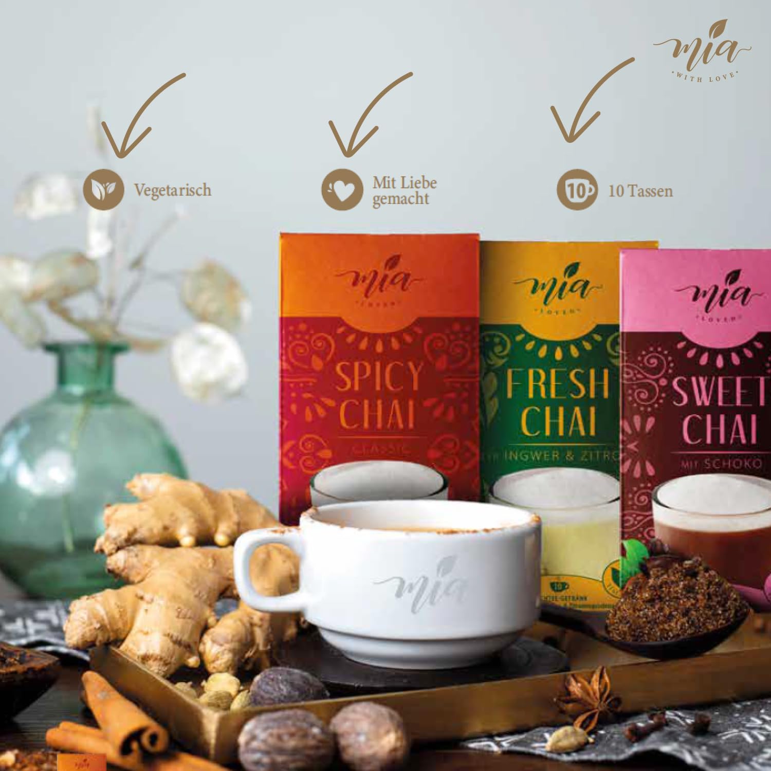 MIA Fresh Chai Ingwer & Zitrone Milchtee Getränkepulver, 16er Pack x (10 Sticks x 25g), einfache Zubereitung, löslich, 160 Tassen, Vorratspackung