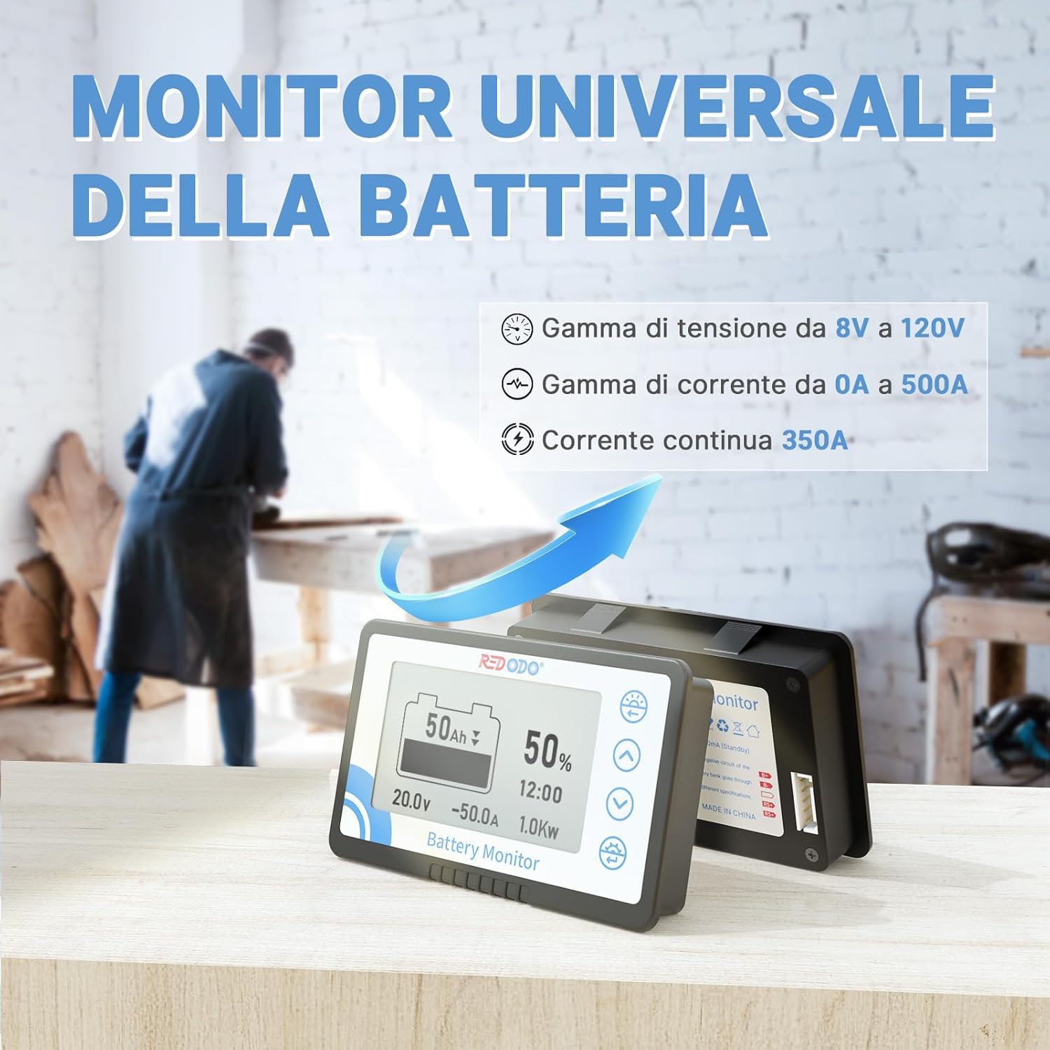 Redodo 500A Batteria Monitor con Shunt, Misuratore di Tensione della Batteria con Intervallo 8V~120V, Cavo Schermato da 20 Piedi, Compatibile con Batterie al Gel, al Piombo e LiFePO4