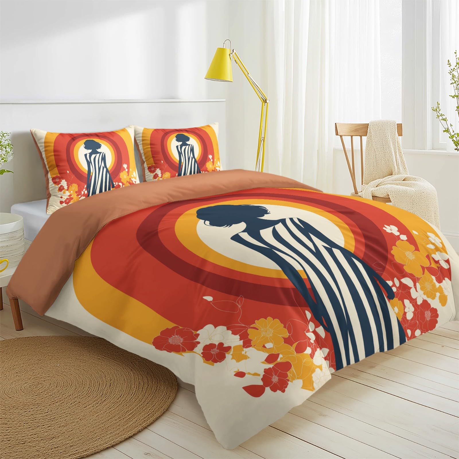 Generisch 3-częściowy komplet pościeli damskiej w stylu retro, 240 x 220 cm, w paski, koncentryczne koła, wzór kwiatowy, miękka pościel dwustronna z 2 poszewkami na poduszki, czerwona