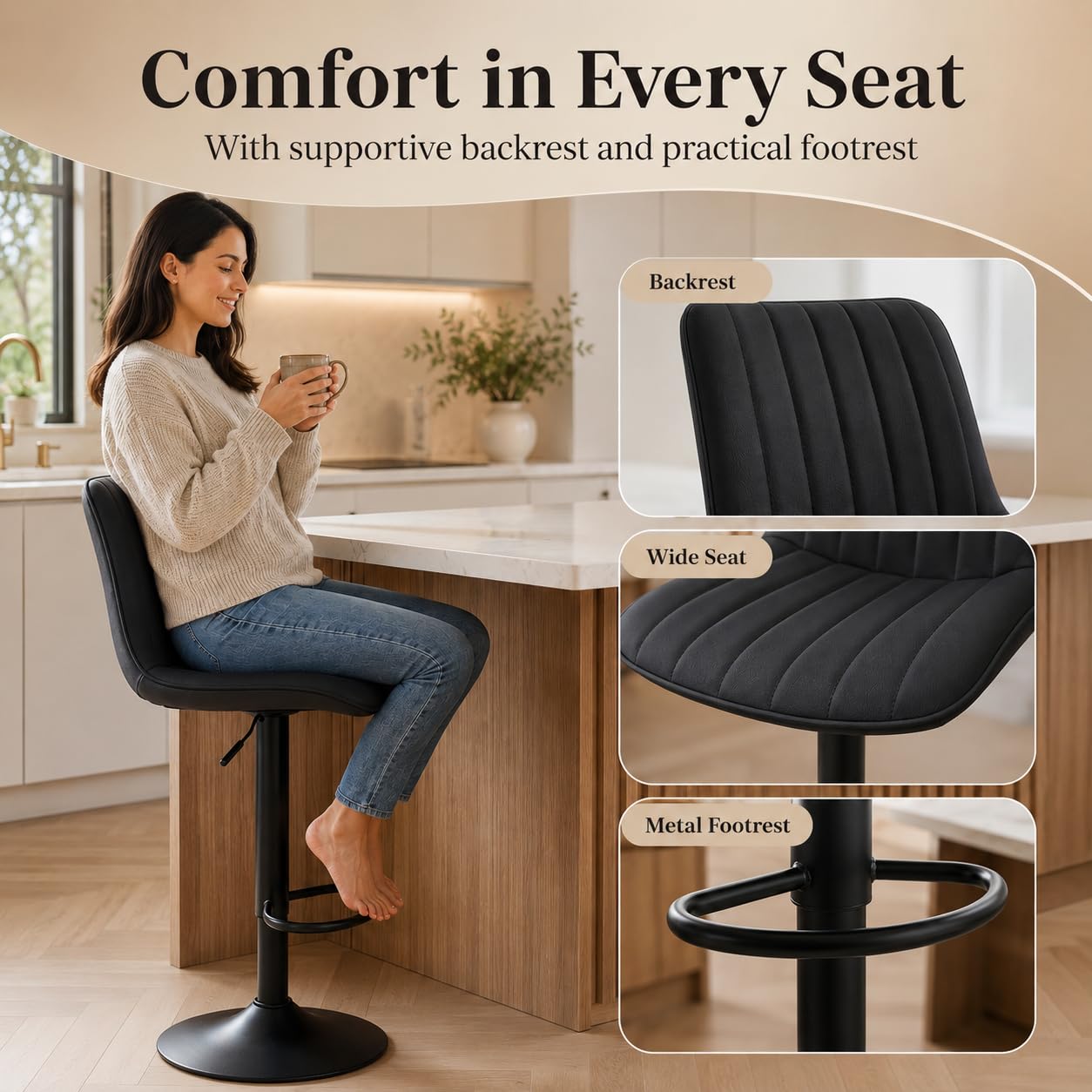 Bayt Set di 2 sgabelli da bar, seggiolone da cucina, regolabile, colore: nero