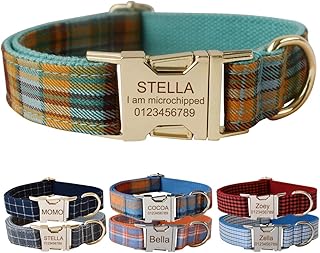 Custom Dog Collar with Metal Buckle - Pet Collars Personalized with Name and Phone Number (Plaid)