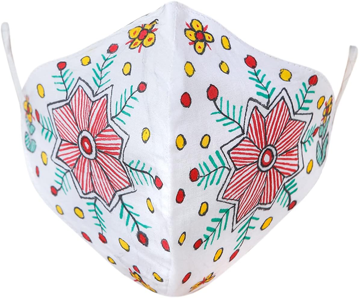 Exotic India Two Ply Cotton Fashion Mask with Hand-Painted Madhubani Mot - White