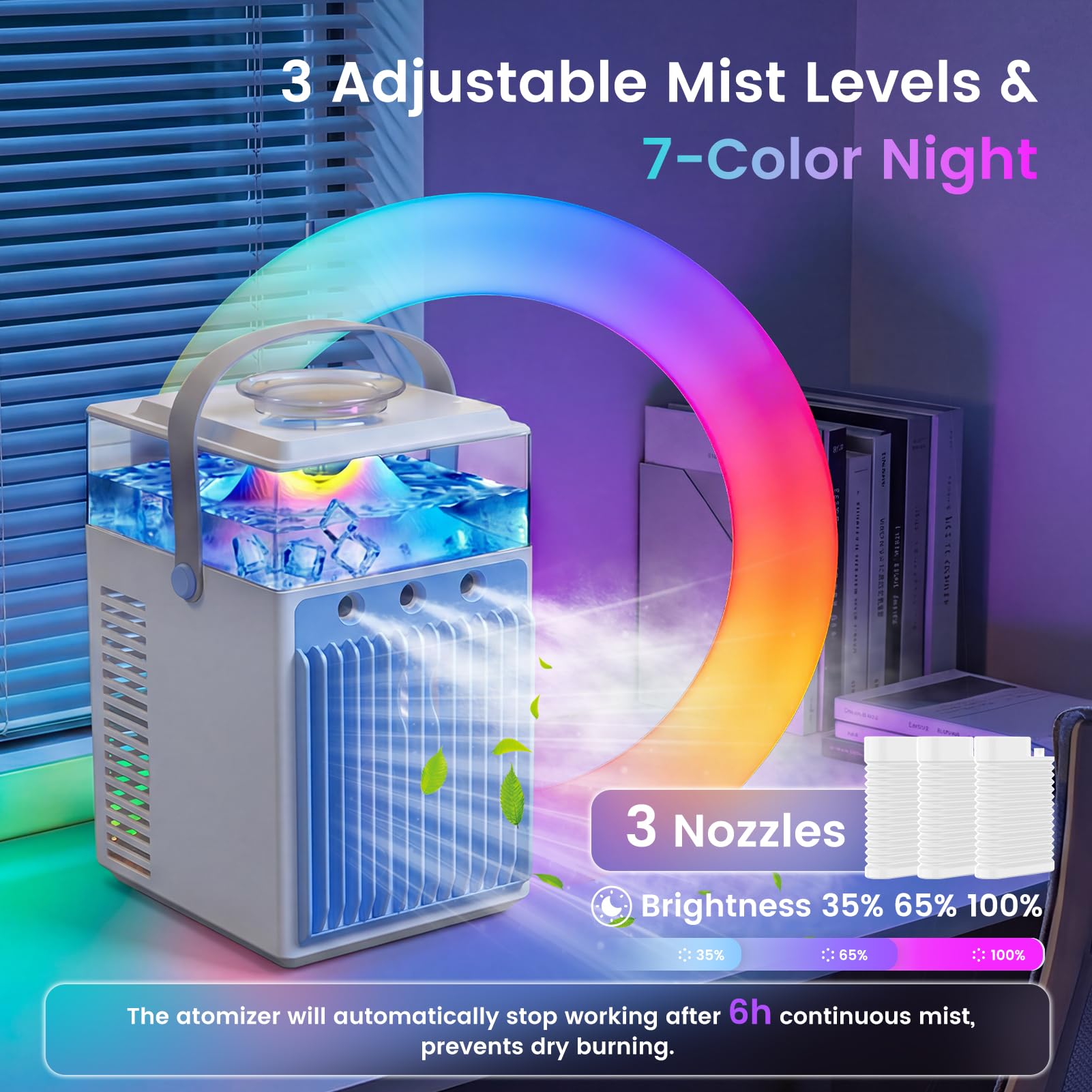 Aire Acondicionado Portátil Sin Tubo 5 en 1, Mini Aire Acondicionado Portátil, Climatizador Evaporativo con Control APP, 3 Velocidades, 3 Modos Niebla, Temporizador, Ventilador con 6 Cubiteras Hielo