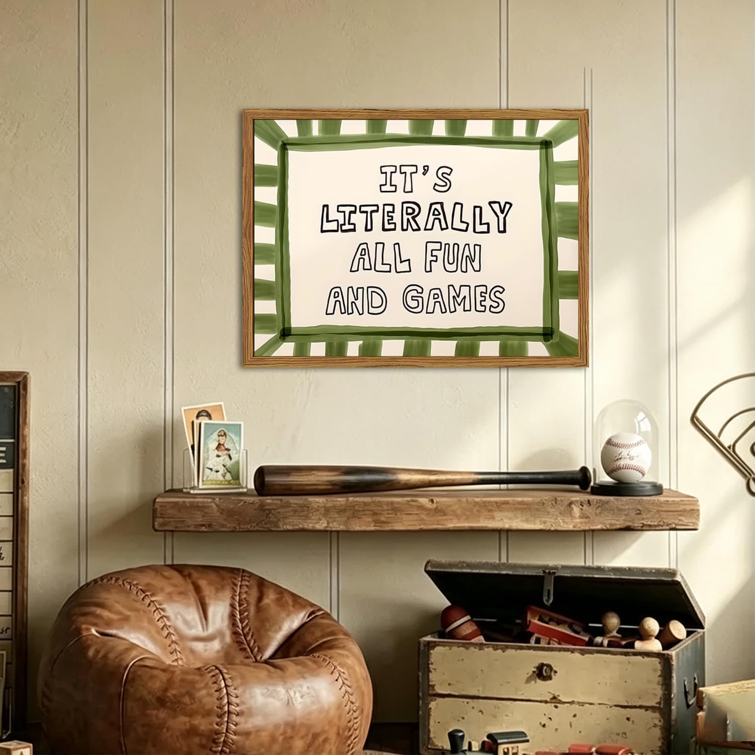 Framed It's Literally All Fun And Games Wall Art, Funny Quote Wall Decor Paintings, Sage Green Minimalist Striped Pictures Canvas Prints Preppy Home Decor for Living Room Bedroom Playroom 12x16 inch image 2