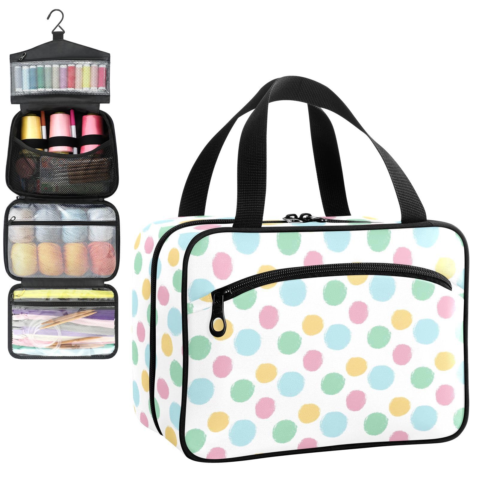 YNNALE Sewing Supply Organizer Bag, Cute Pastel Color Polka Dot Portable Sewing Bags with Pockets&Hanger, Sewing Storage Box Case for Sew Supplies/Kit/Tools/Accessories (BAG ONLY)
