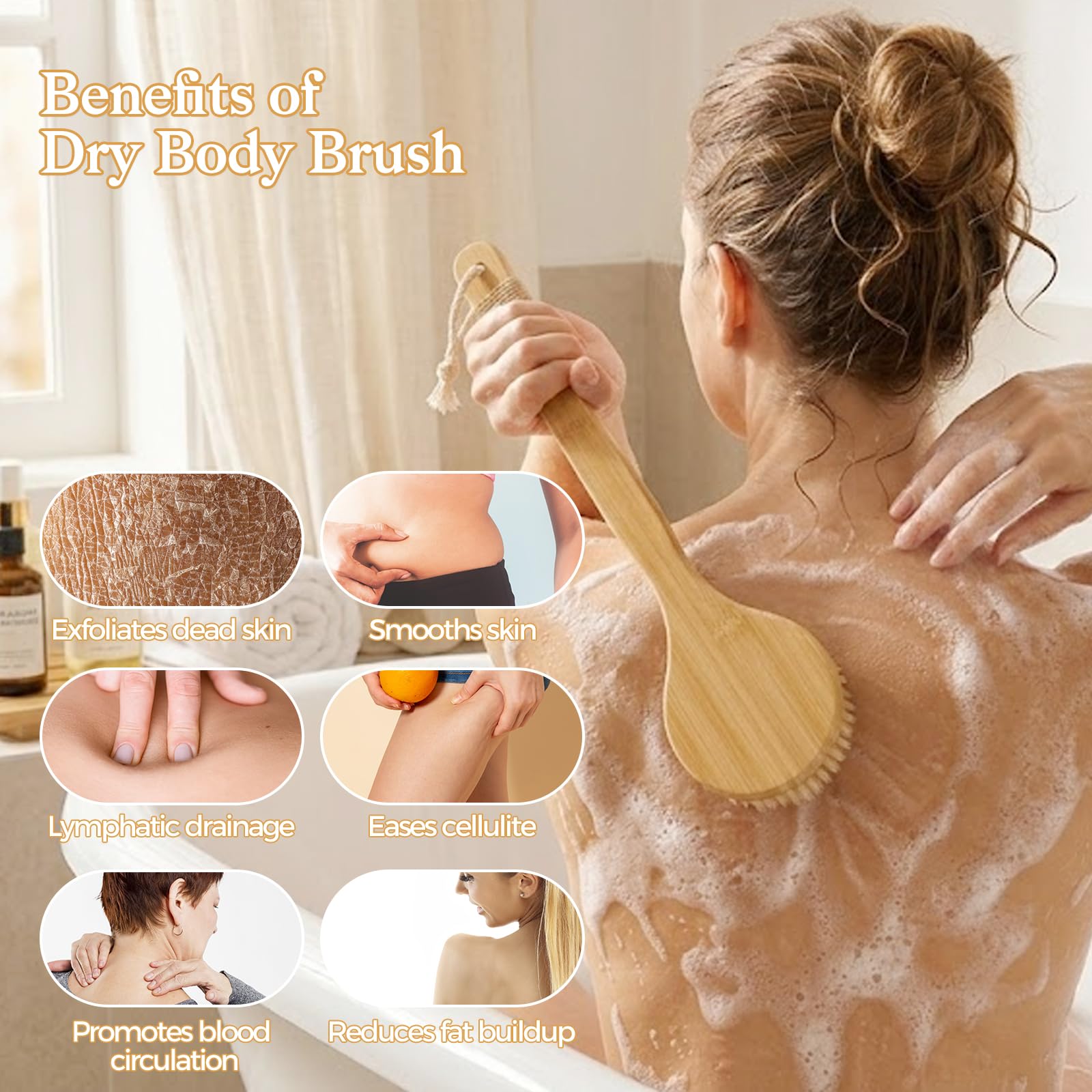 5 Packungen Trockenbürsten Körperbürsten-Set für Lymphdrainage, Cellulite-Massagegerät und Kopfhautpflege, Langer Griff Trockenbürste für Körper, Natürliche Wildschweinborsten Körperbürste