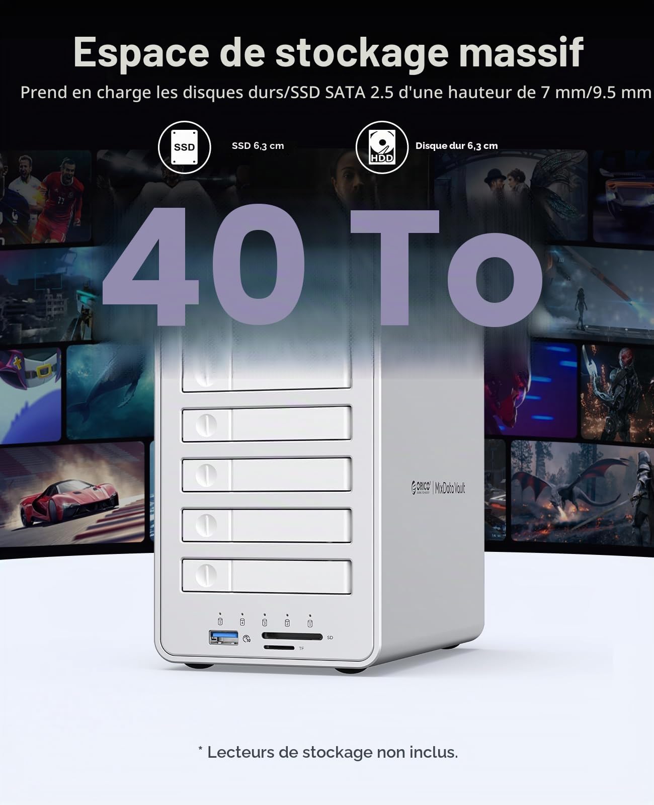ORICO All-Flash Boîtier pour Disque Dur Raid 5 Baies Compatible 2.5 SATA HDD/SSD avec USB 3.2 Gen 2 10 Gbps, Extension Daisy Chain et 7 Modes Raid, Prise en Charge SATA SSD/HDD-2,5" 7 mm/9,5-8858RC3