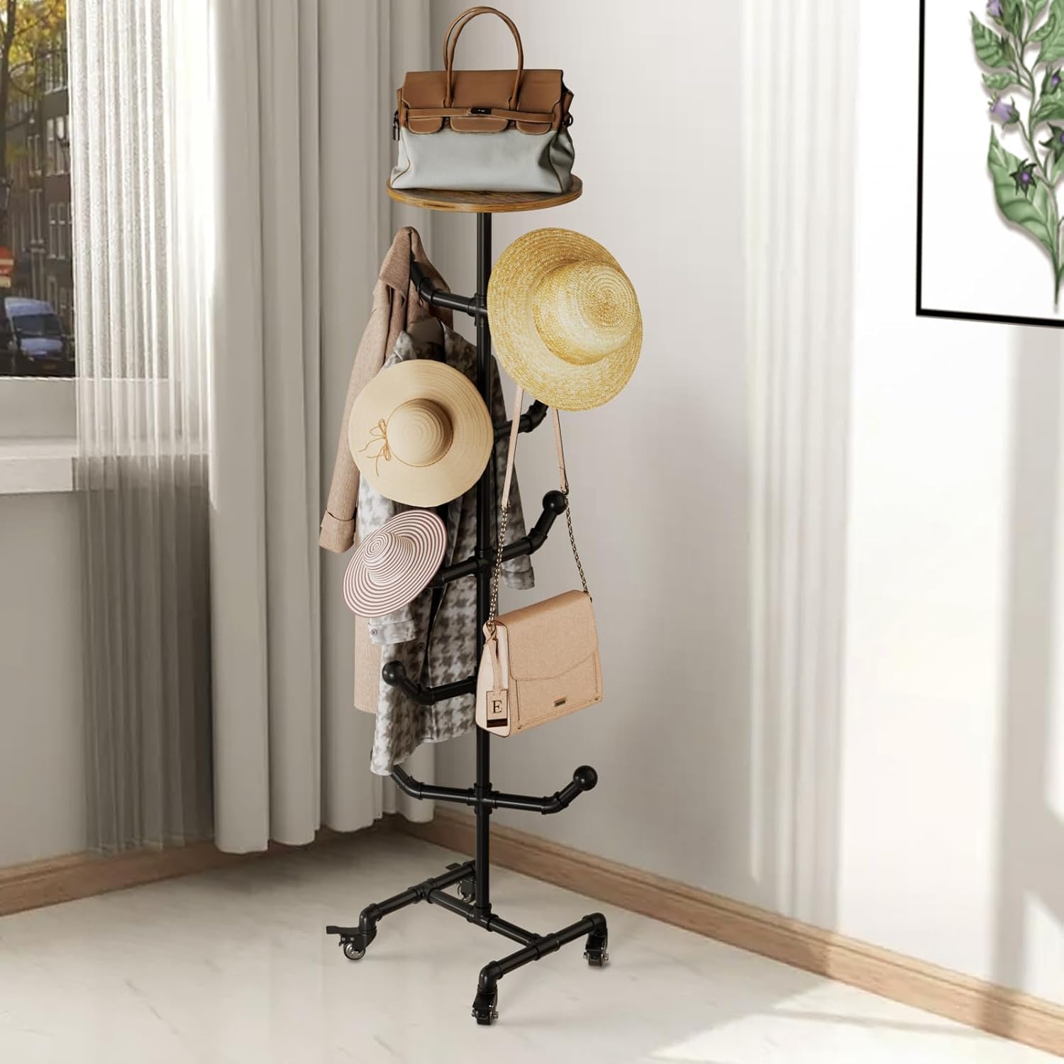 Industrial Hat Rack Stand, 5 Tier Black Metal Pipe Hat Display Stand Freestanding Organizer with 10 Hangers, Coat Rack Hat Tree Storage Holder Stand for Coats, Handbags, Scarves, Wigs