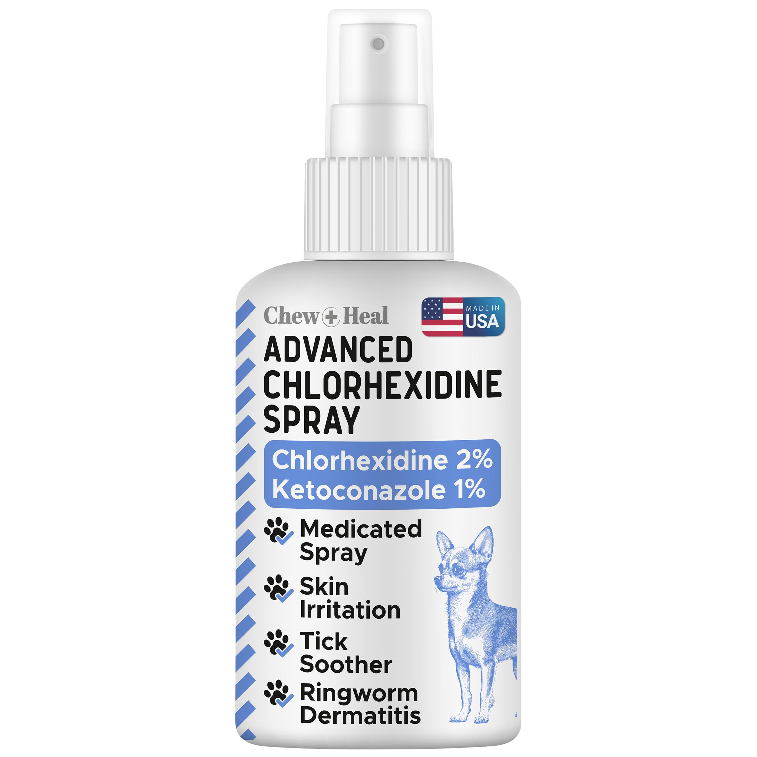 Chew + Heal Labs Medicated Dog Paw Spray - 120ml Advanced Chlorhexidine Hot Spot Treatment Spray with 1% Ketoconazole 2% Chlorhexidine for Dogs - Antiseptic Formula for Itchy Paws - All Breeds