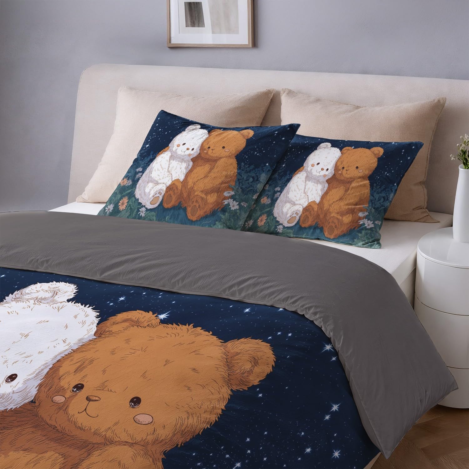 Poszwa na kołdrę 180 x 220 cm dziecięca anime - zestaw pościeli z miękkiej mikrofibry biały brązowy uroczy miś odwracalne kwiaty, dla nastolatków z zamkiem błyskawicznym 2 poszewki na poduszki 65x65