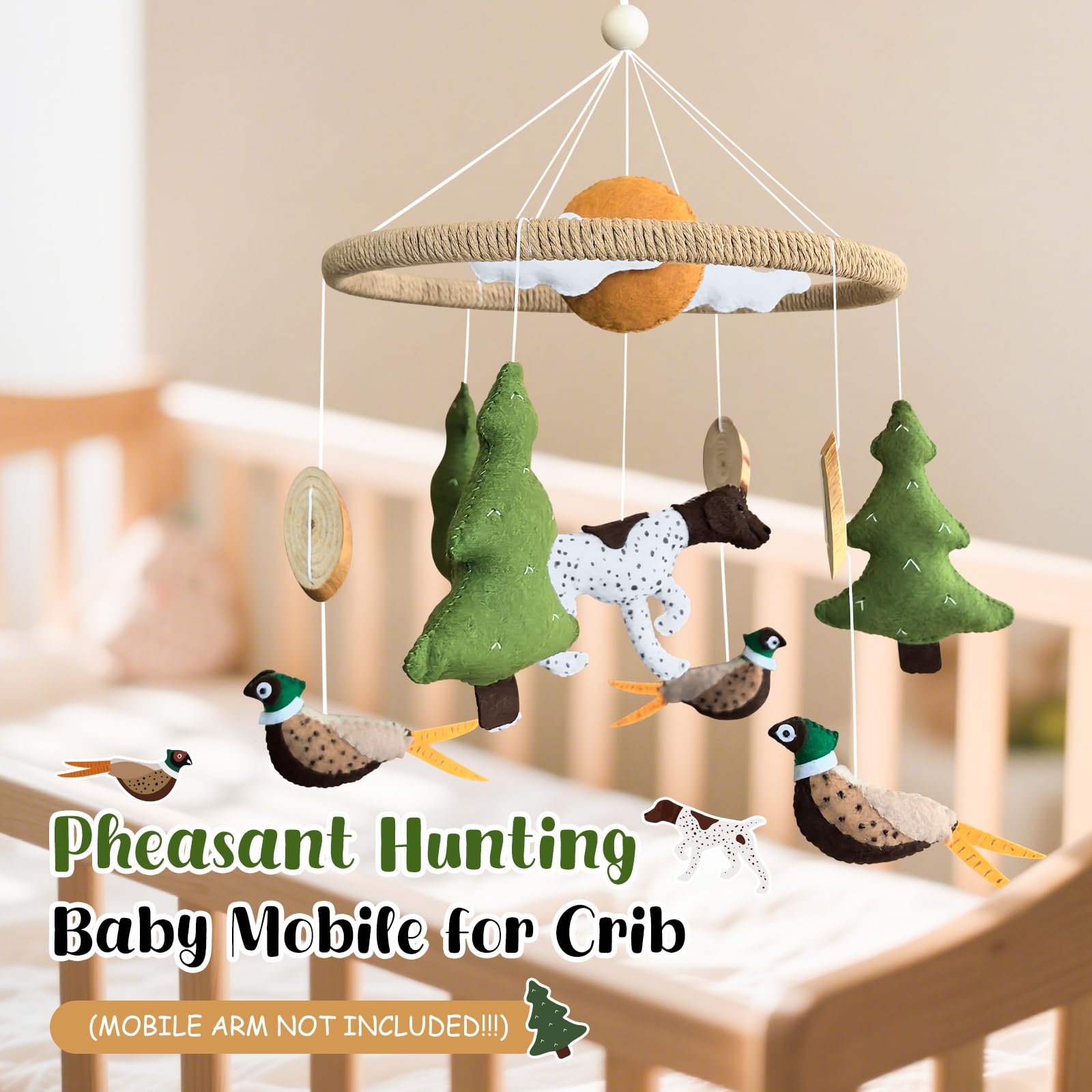 Teeloray Baby Mobile for Crib Hunting Baby Crib Mobile for Boys Girls Handmade Felt Woodland Nursery Decor Infant Bedroom Hanging Pheasant Dog Hunting Decor for Bassinet Gender Reveal Newborn Gifts