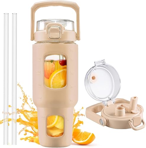 Vista 24 de BLUEGO Vaso de vidrio de 32 onzas con tapa y asa, taza de café helado con pajitas, botella de agua de vidrio con funda y volumen de silicona, vaso