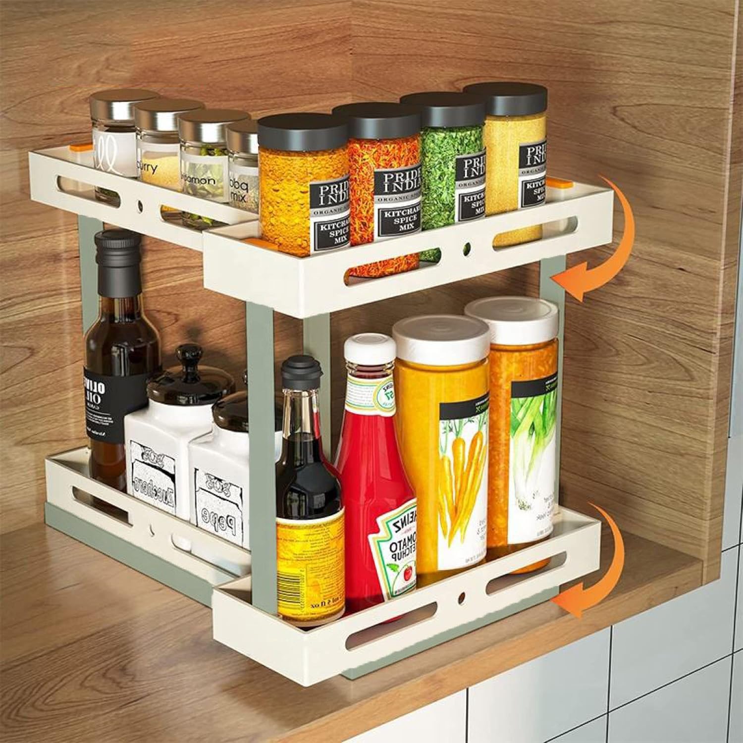 INOVERA (LABEL) 2 Tier Kitchen Spice Rack - Non Skid Base Cabinet Organizer - Sliding Rotating Seasoning Storage Racks (White & Grey)