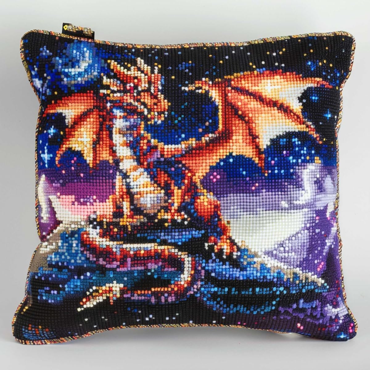 RKFLGEW Latch Hook Kits for Adults Beginners Dragon Under The Night Sky 17X17 in DIY Crochet Pillow Kit Pre-Printed Pillowcase Hook and Latch Rug Kits Needlework Cushion Cover for Home Sofa Decorati