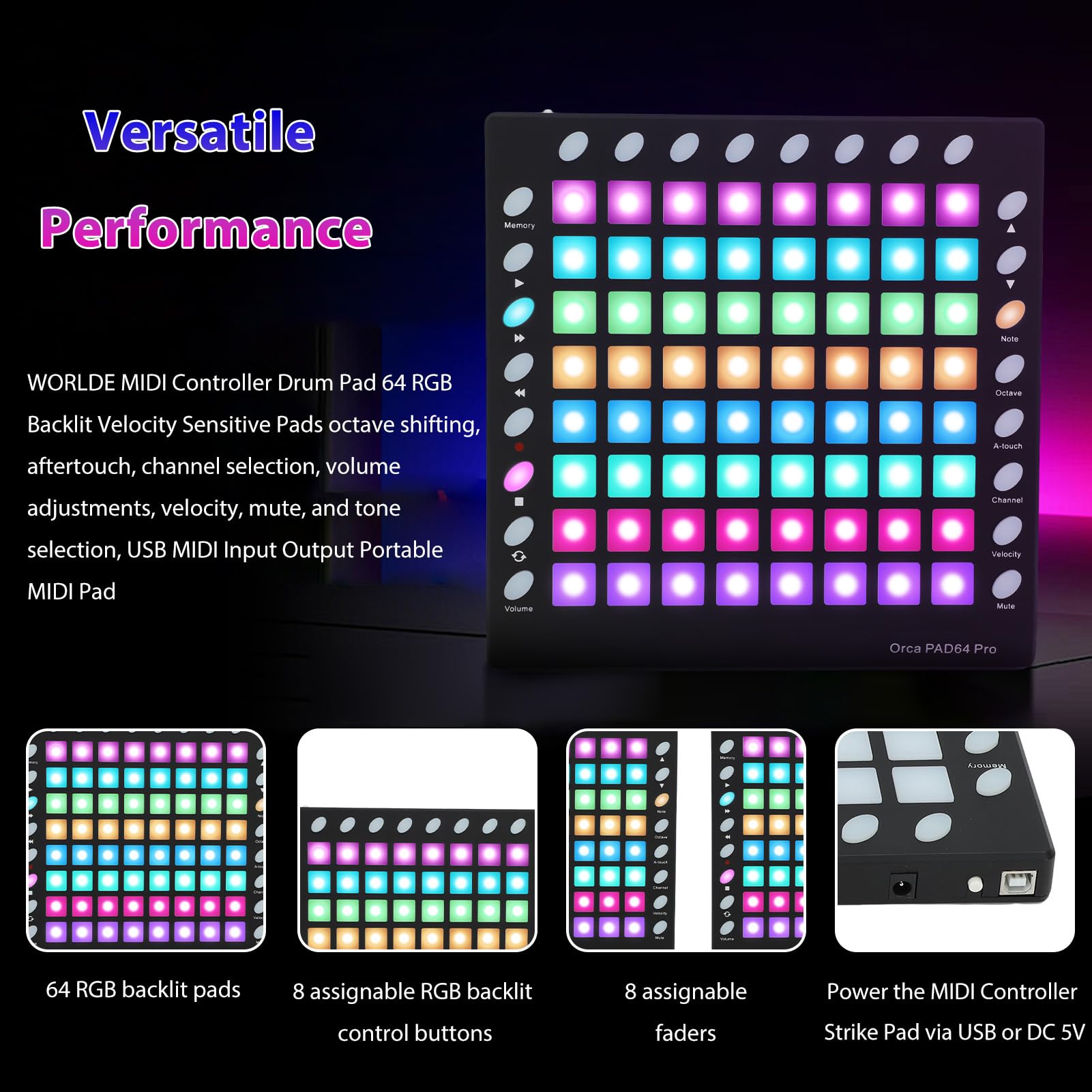 Controller Pad Midi, Controllo Personalizzabile Beat Maker Midi Drum Machine con 64 Pad RGB Suoni 128GM 8 Pulsanti RGB 6 Controlli di Trasporto, per Performance Dal Vivo