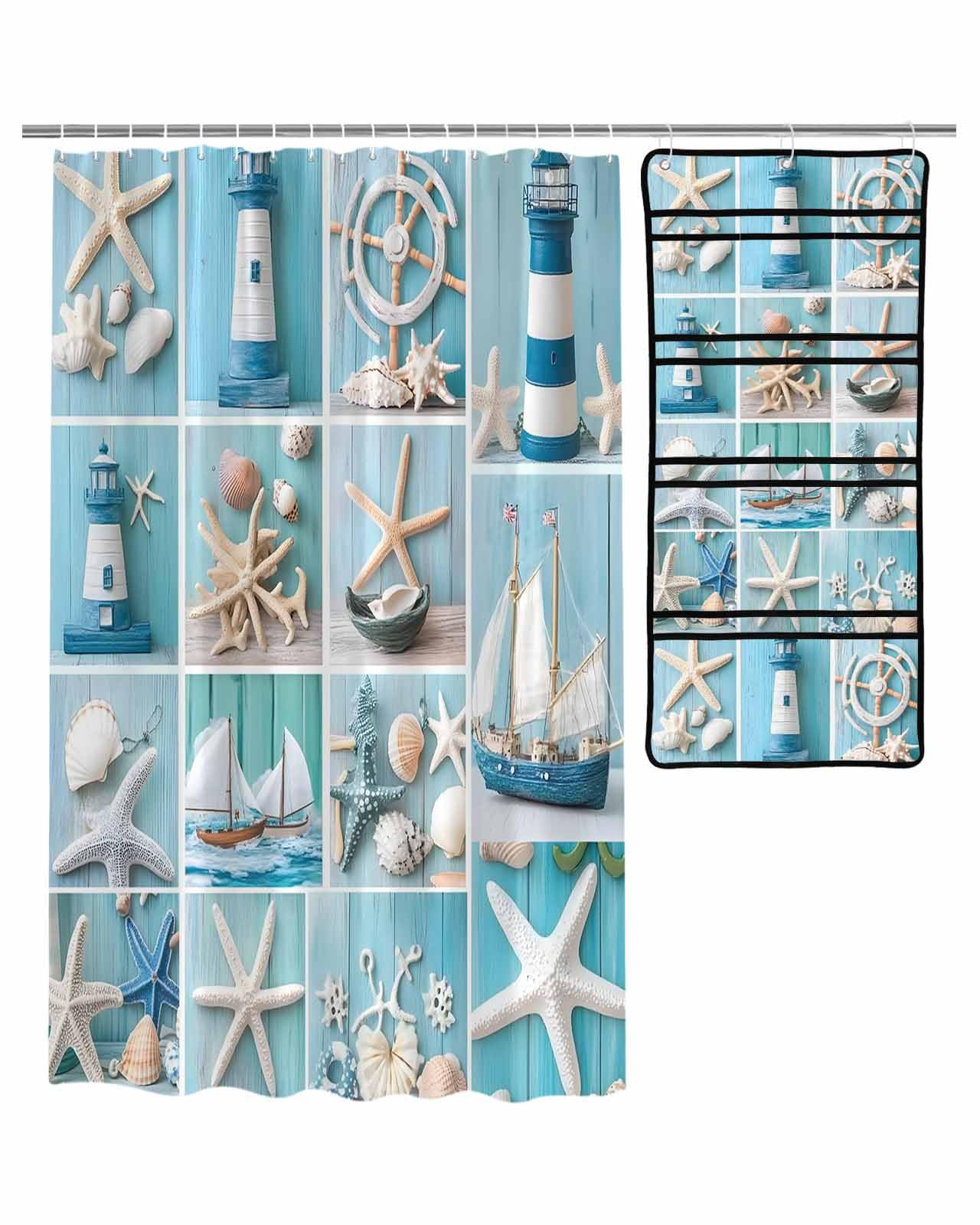 ZFUNCING Shower Curtain Mesh Shower Organizer Set Starfish Lighthouse Shell Anchor Ship Waterproof Bath Curtains Hanging Shower Caddy