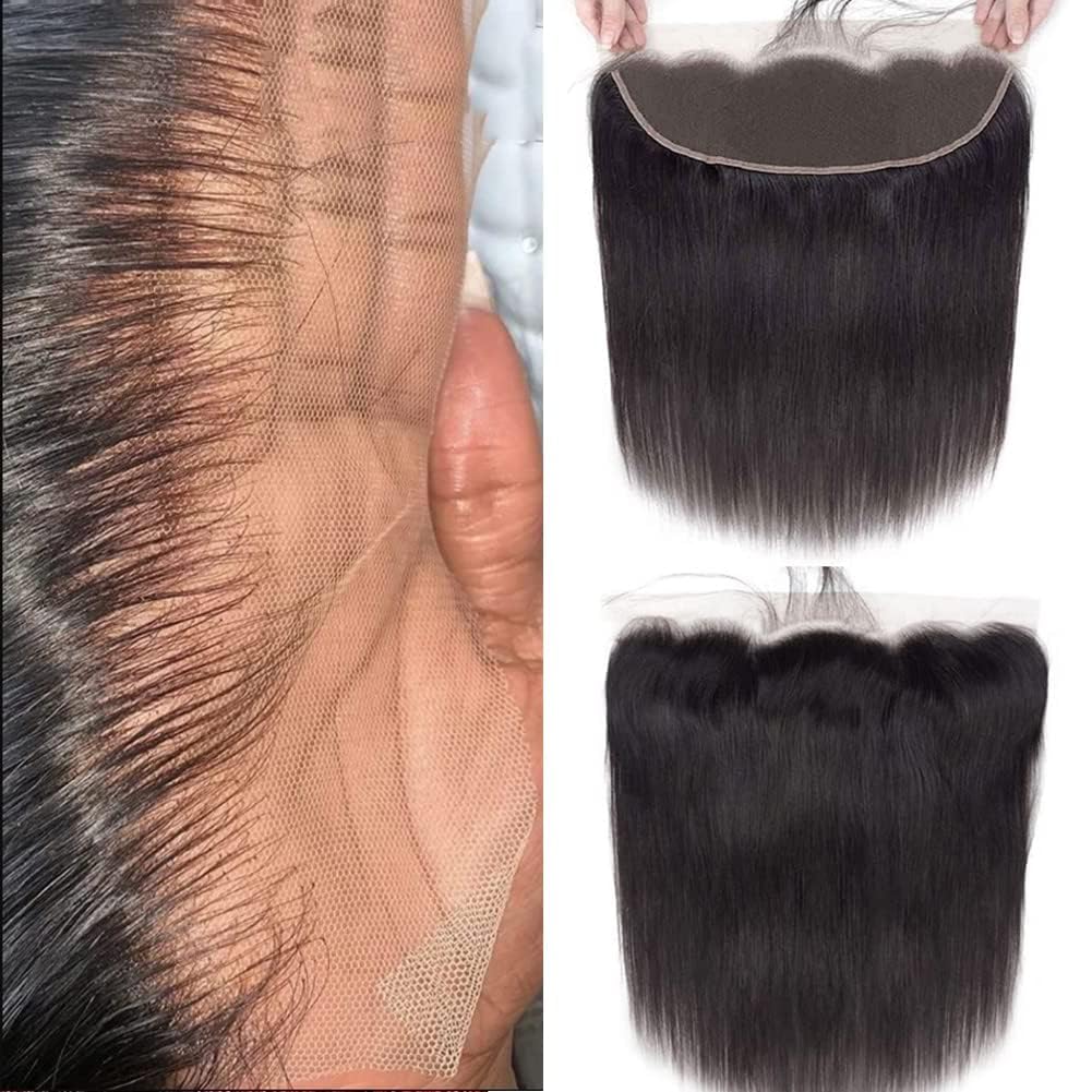 13x4 Ear To Ear Straight Lace Frontal Closure Transparent HD Human Hair With Baby Hair Knots 100% Virgin Remy Human Lace Frontal Closures 150% Density Natural Color (14 Inch,Straight frontal)
