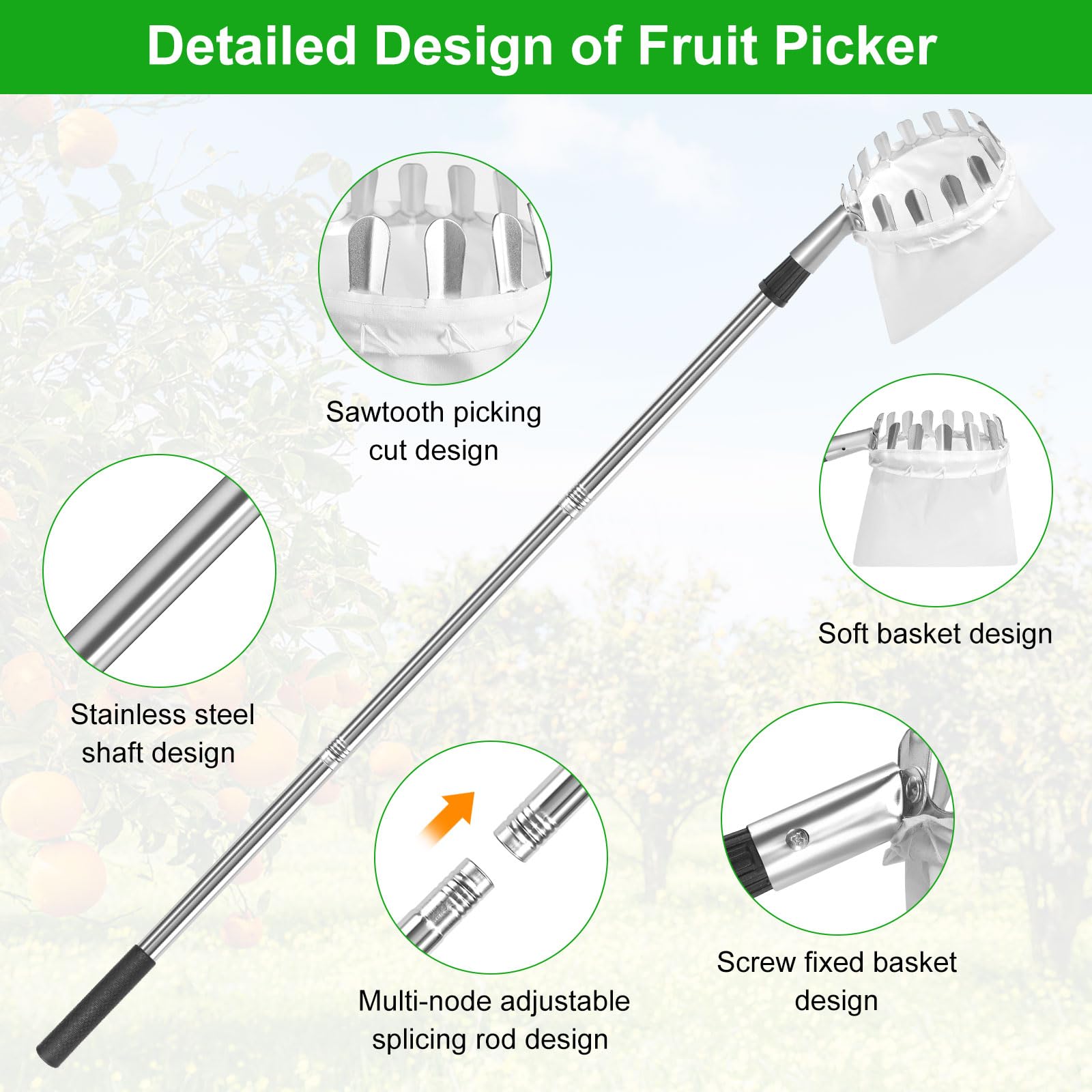 GOSHIES Cueille Fruit Télescopique 4M Cueille Fruit Cueilleur de Fruits Amovible Cueille Cerise Telescopique Ramasse Pomme pour la Cueillette des Oranges, Pêches, Cerises