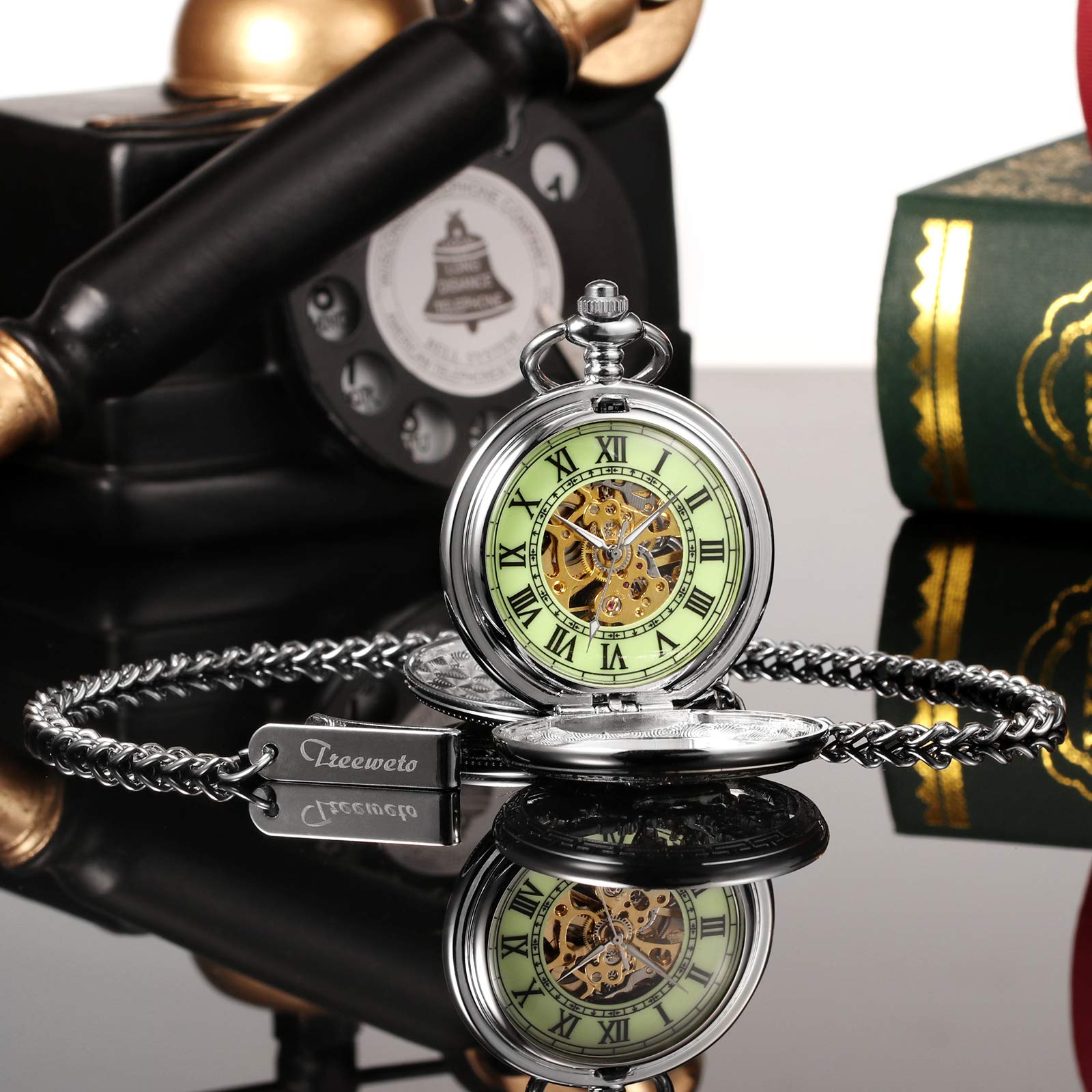 TREEWETO Montre gousset unisexe mécanique double couverture, renne cerf lumineux, squelette steampunk pour homme et femme