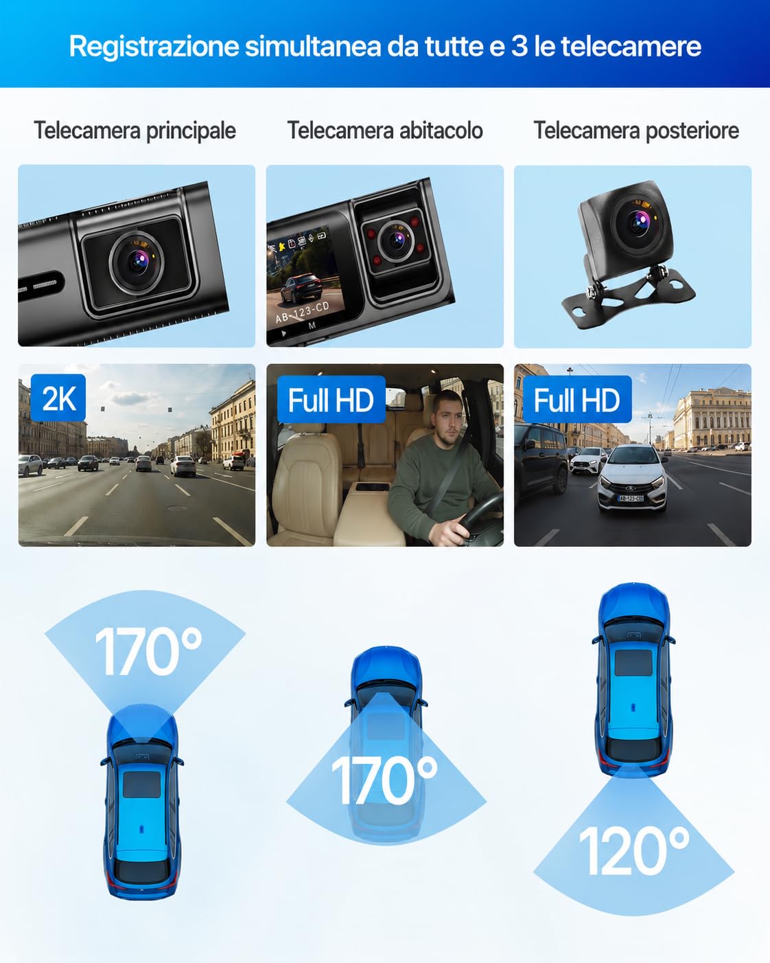 Phantom 3CH GPS Cámara para Coche Delantera, Interior y Trasera, Cámara Triple con GPS, Control por App WiFi, Visión Nocturna WDR, Gran Angular de 170°, Pantalla IPS de 3"