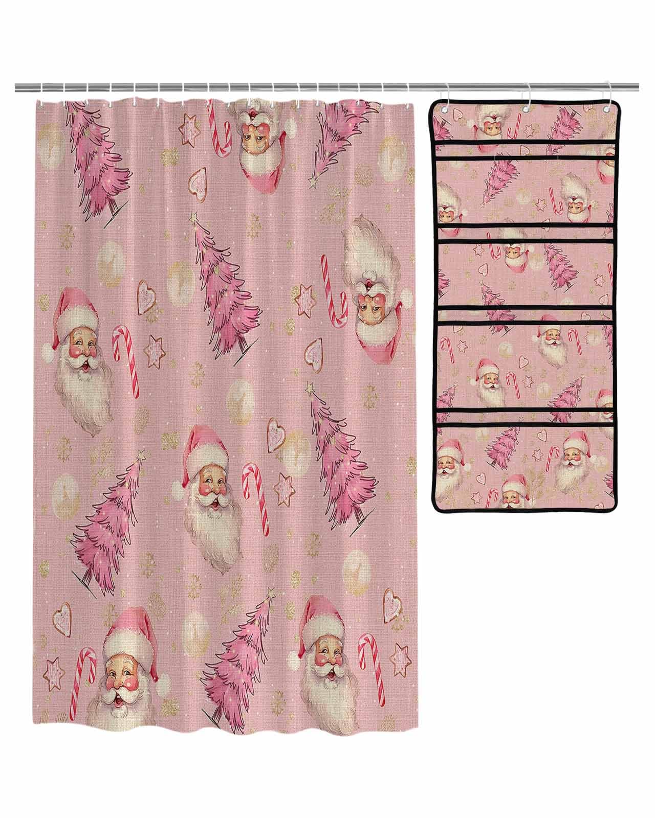 ZFUNCING Shower Curtain Mesh Shower Organizer Set Pink Christmas Tree Snowman Candy Waterproof Bath Curtains Hanging Shower Caddy