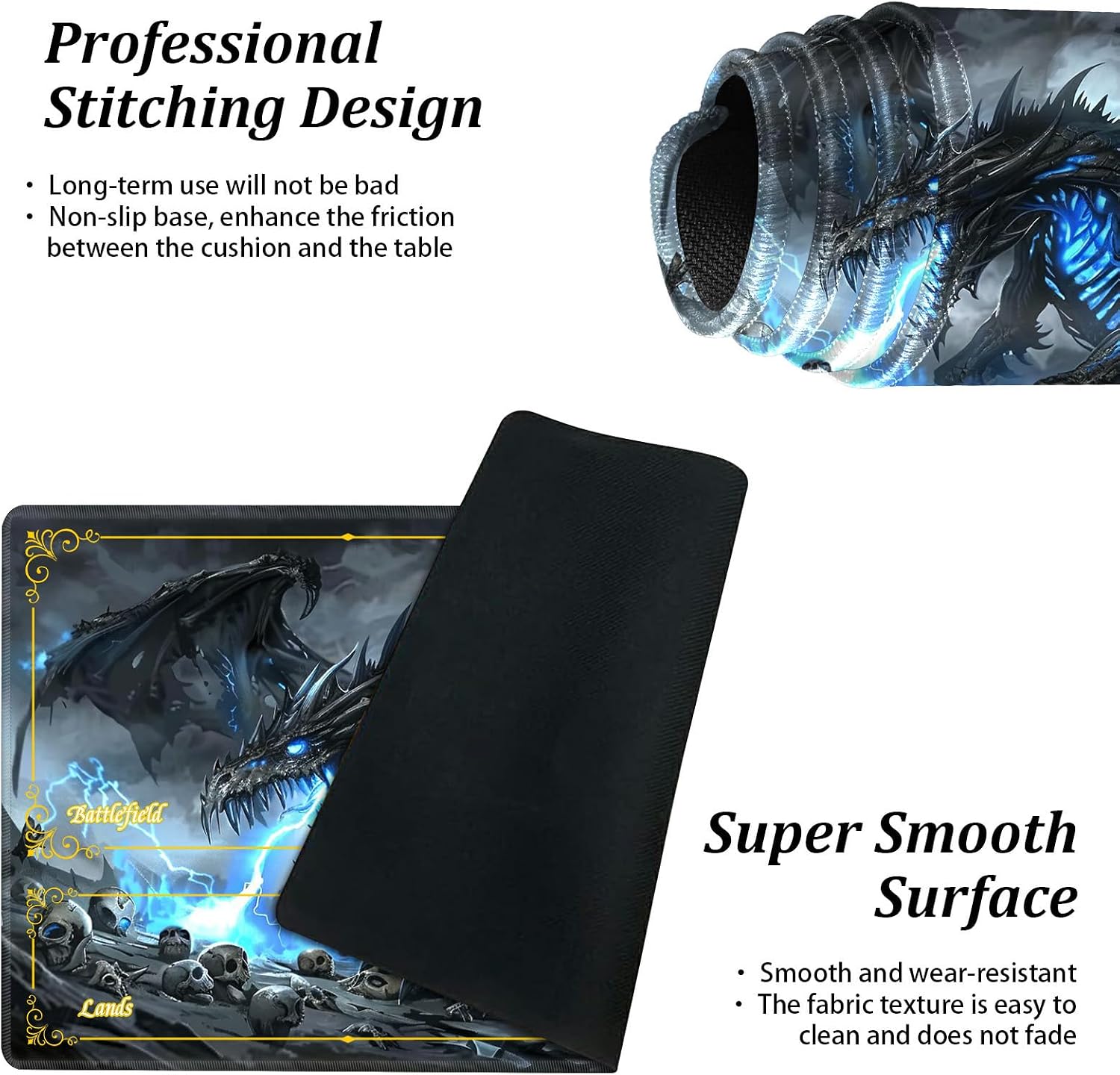 for MTG Playmat with Zones 24"x14" - Non-Slip Rubber Base,Stitched Edge,Storage Bag,for TCG Card Game Playmat,Magic Mat,Mouse Pad,for Magic The Gathering,Board Game,Black Blue Dragon image 3