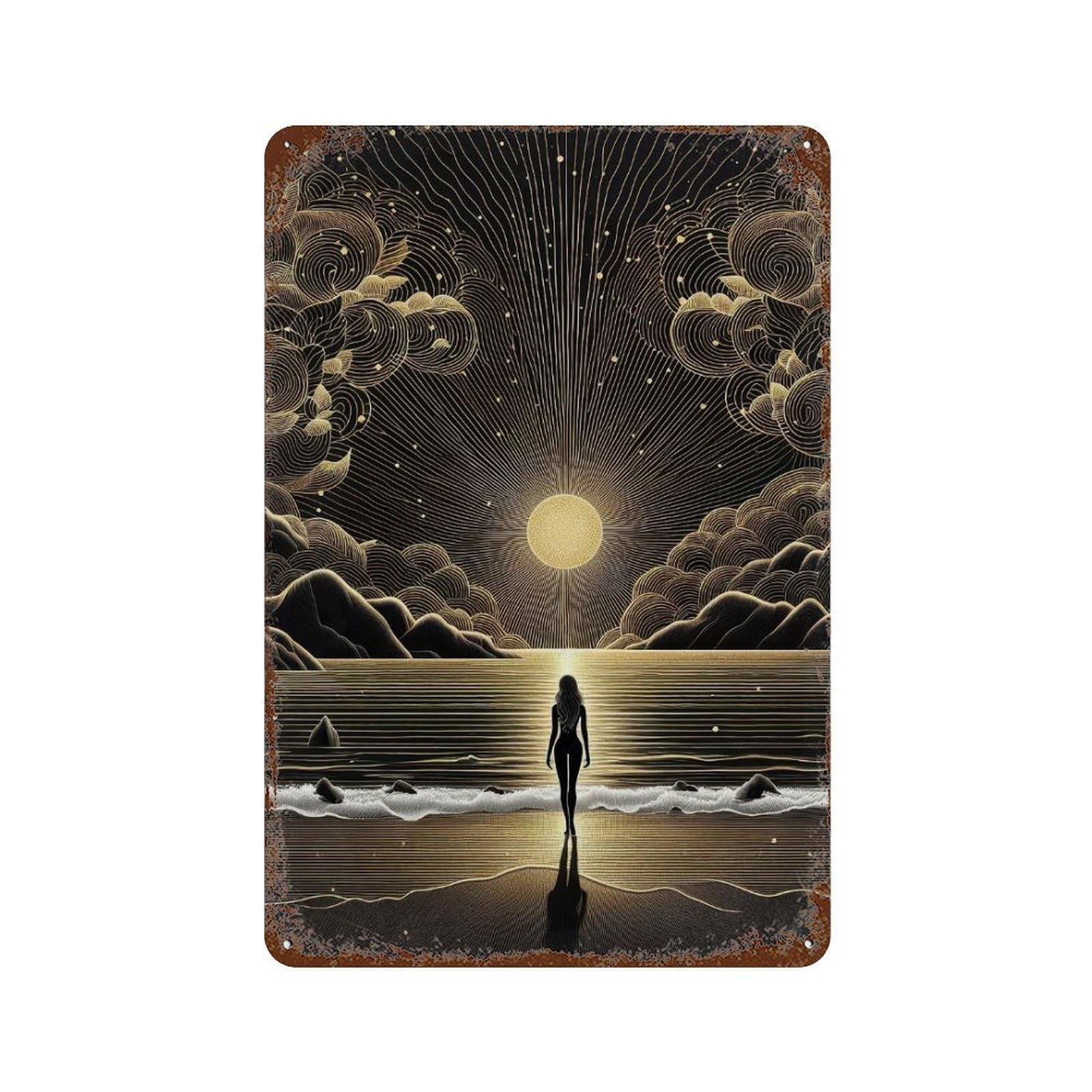 Garage Style Golden Sunset Seascape Rusty Metal Tin Sign 11.8"x7.9", Classic Wall Plaque for Bar And Workshop