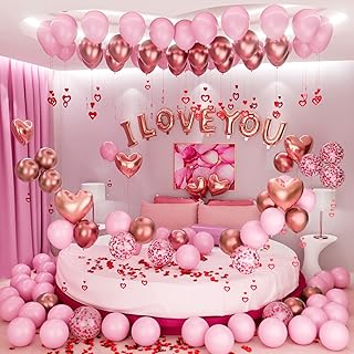 Bonropin Valentines Day Balloons Kit with Rose Gold Pink Heart Balloons Rose Petals I Love You Balloons for Anniversary Mothers Day Wedding Romantic Decorations Special Night