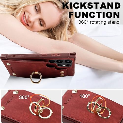 Miniatura 5 de Funda tipo cartera para Galaxy S22 Ultra 5G con tarjetero de crédito, funda de cuero para teléfono compatible con soporte de anillo de rotación de