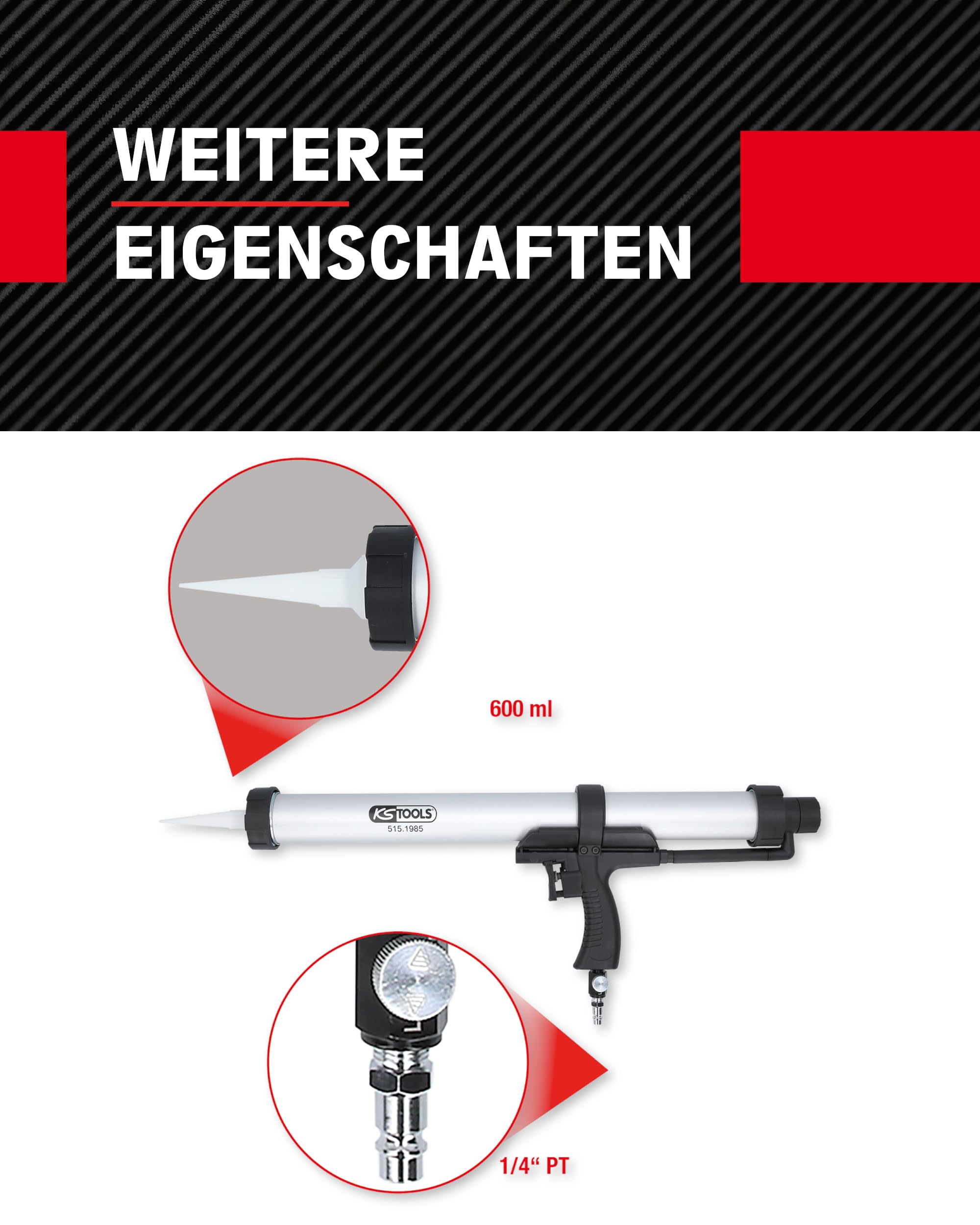 KS Tools Druckluft Kartuschenpistole 515.1975 600ml I Druckluft Kartuschenpresse mit stufenlos regulierbarerem Vorschub I Mit Sicherheitsüberdruckventil