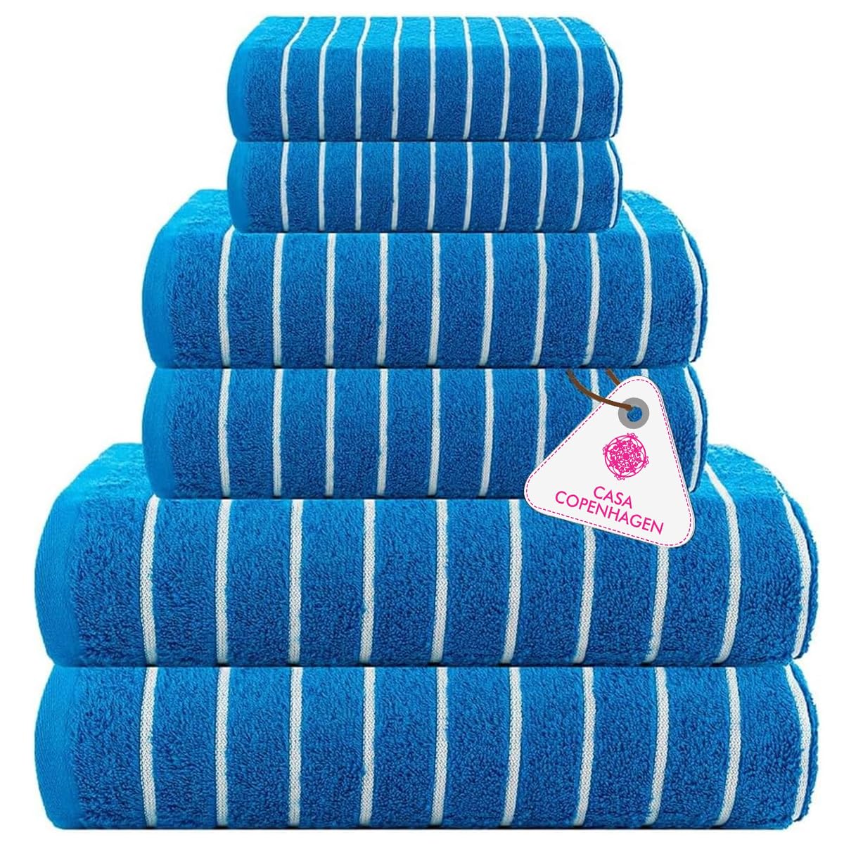 CASA COPENHAGEN Ecstatic 6-piece towel set, 600 GSM Electric Blue, 2 bath towels, 2 hand towels, 2 washcloths, designed in Denmark, made from soft Egyptian cotton, for bathroom, kitchen & shower.