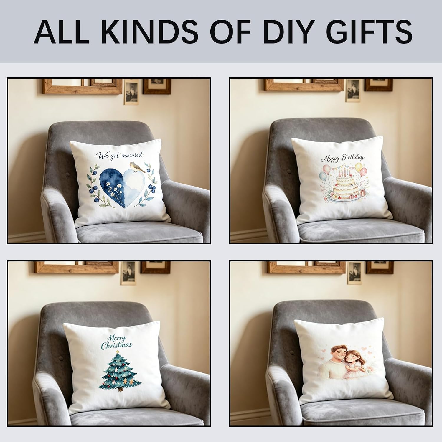 OKBA 4 PCS Christmas Decorations Sublimation Blanks Pillow Cases 16"x 16" Christmas Cushion Covers Glossy Satin Pillow Covers Heat Transfer DIY Custom Picture Holiday Pillow Covers