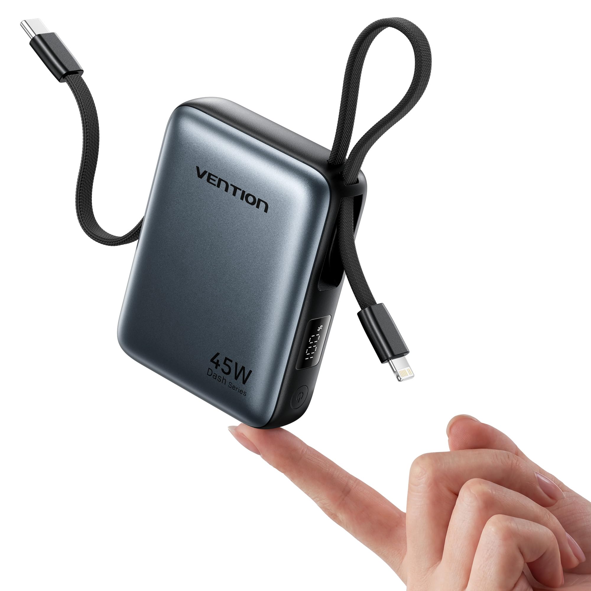 VENTION Mini 45W Batterie Externe, 10000mAh Câbles USB-C & Lightning Intégrés Power Bank, Portable Charge 3 Ports pour MacBook, iPhone 12-15 16 17 Pro Max, iPad, airpods, Galaxy S25 S24, LED