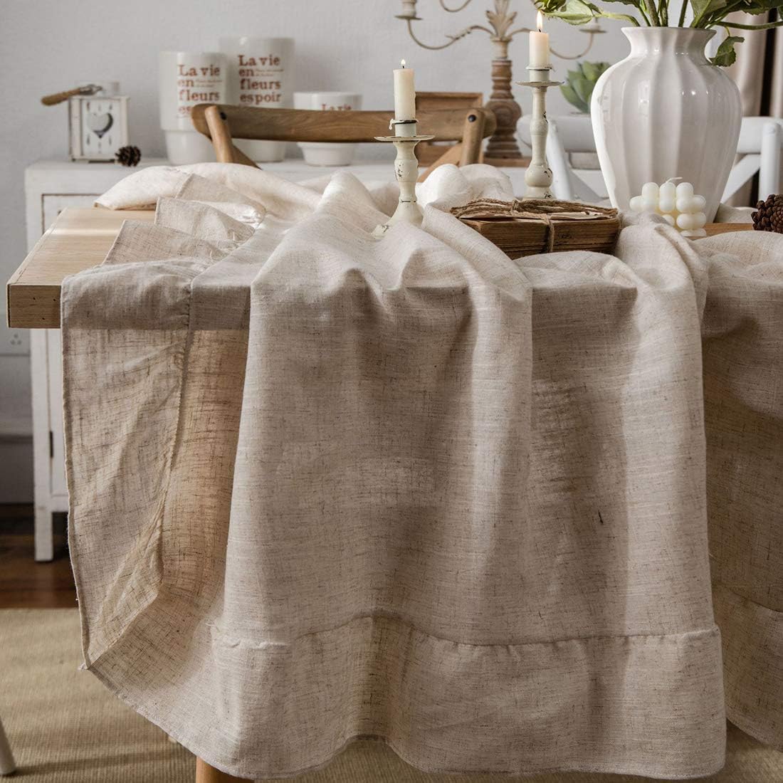 vctops Rustic Ruffle Tablecloth Cotton Flounces Trim Table Cover for Boho Wedding Banquet Tabletop Bridal Baby Shower Birthday Party Decor (Grey, 55"x 118")