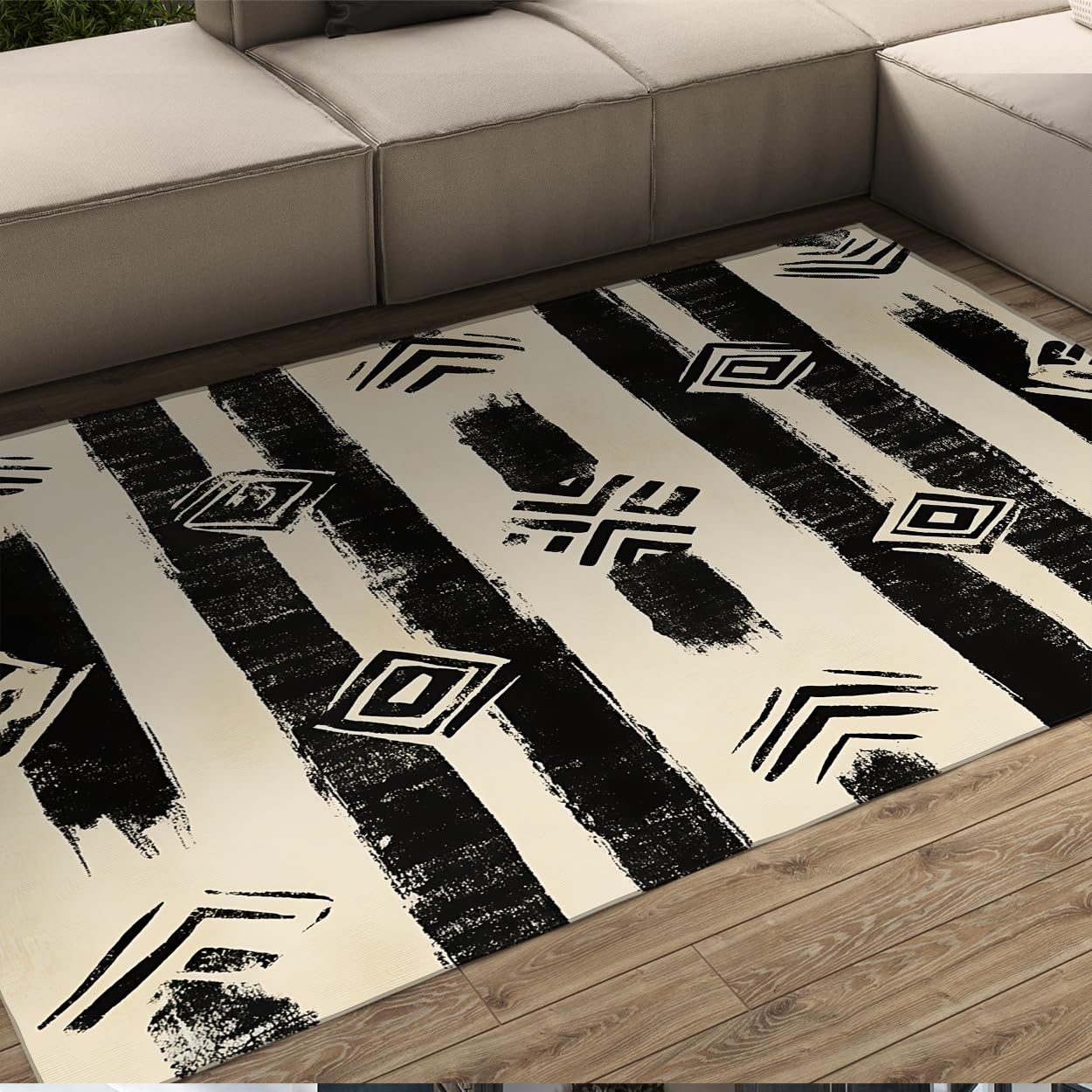 Tapis Noir Blanc 200x300 Tapis pour Le Salon antidérapant Lavable rayés rétro pour Zones très fréquentées géométrie Abstraite Moquette bohème Douce pour Chambre Bureau étude Salle Manger