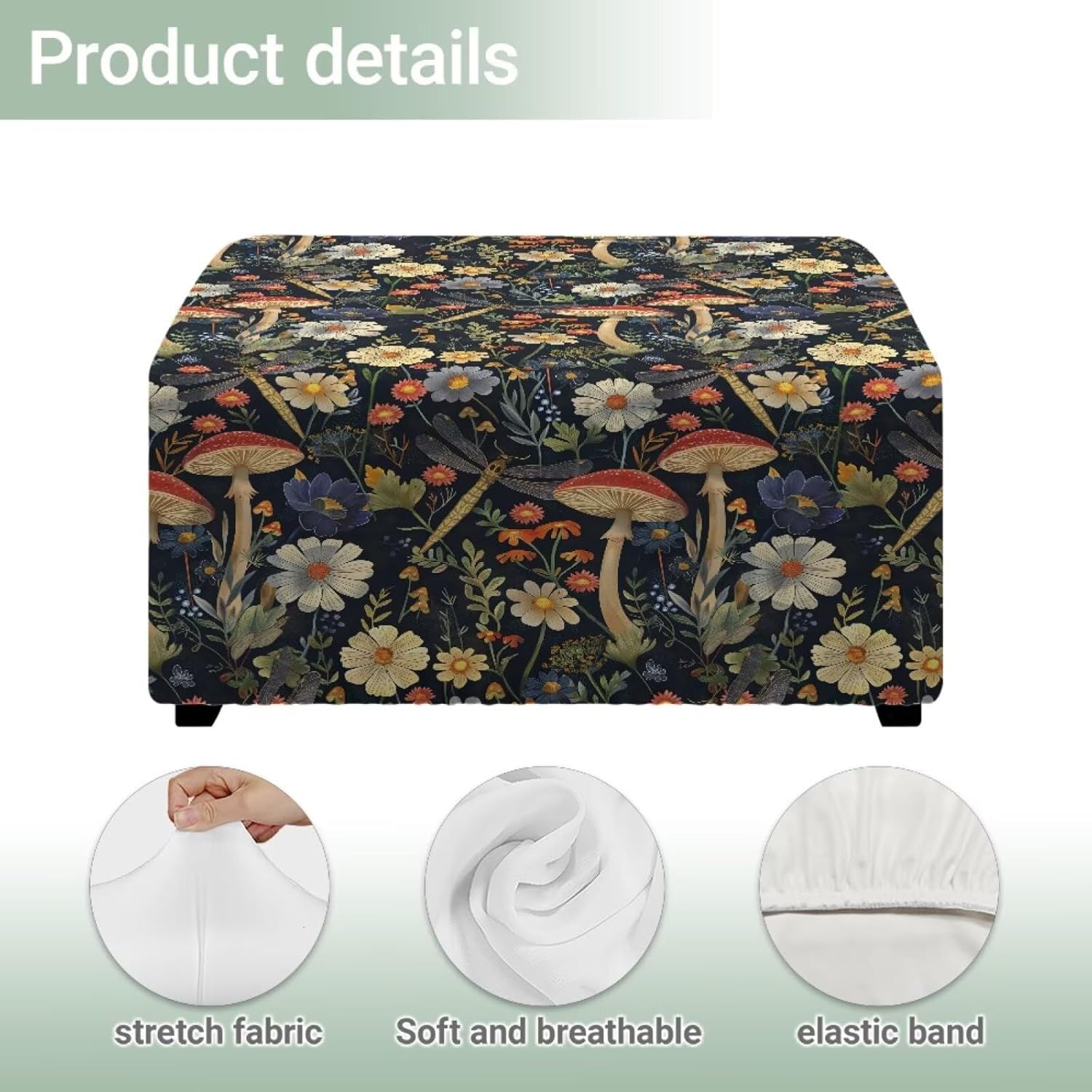 Mushroom Dragonfly Daisy Print Ottoman Slipcover Stretch Square Footstool Slipcover Universal Folding Storage Ottoman Covers for Living Room with Elastic Bottom, S