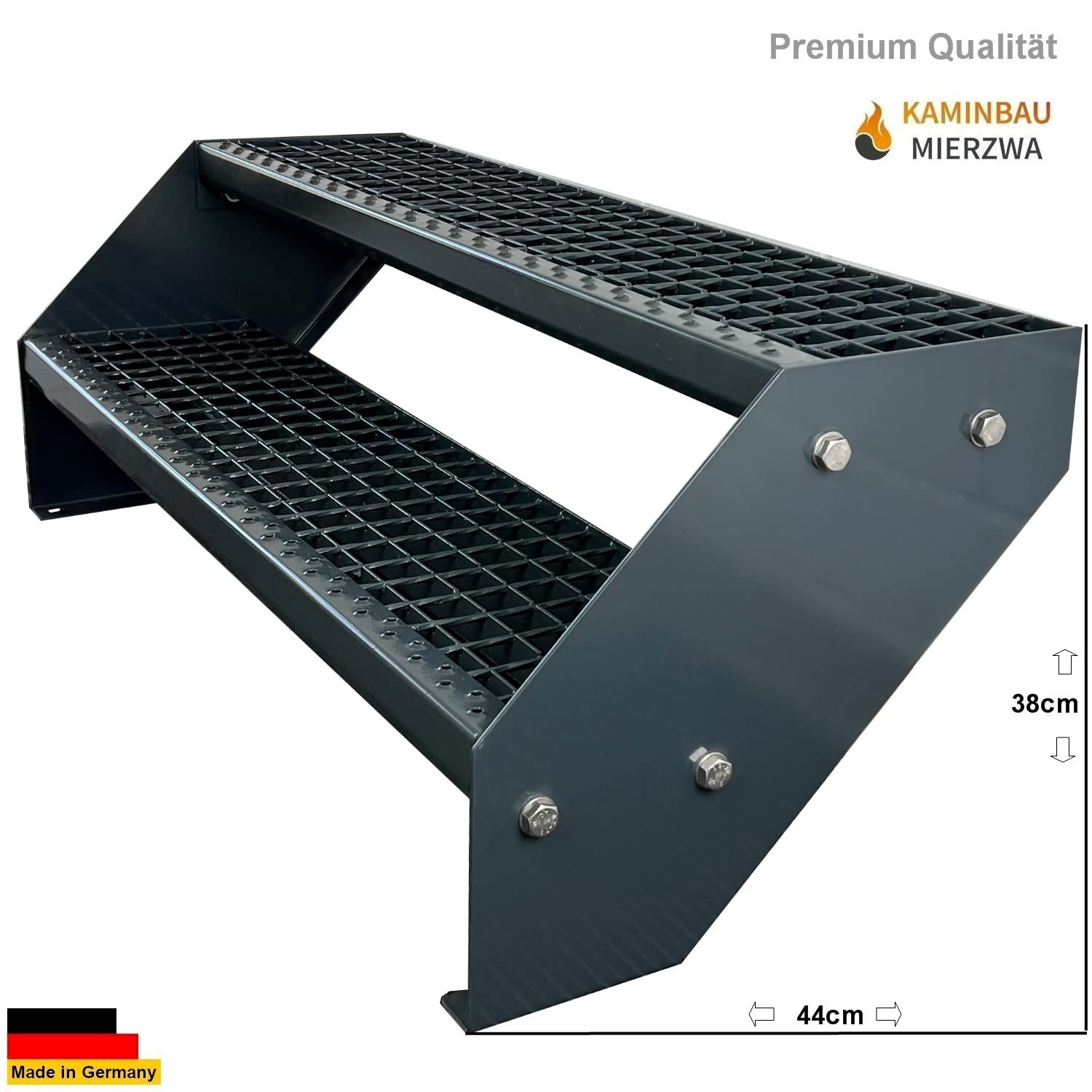 Premium Caillebotis acier Escalier à limon 2 Marches Entièrement galvanisé et Anthracite Revêtu par poudre - Dimensions (L x l x H) 44cm x 140cm x 38cm