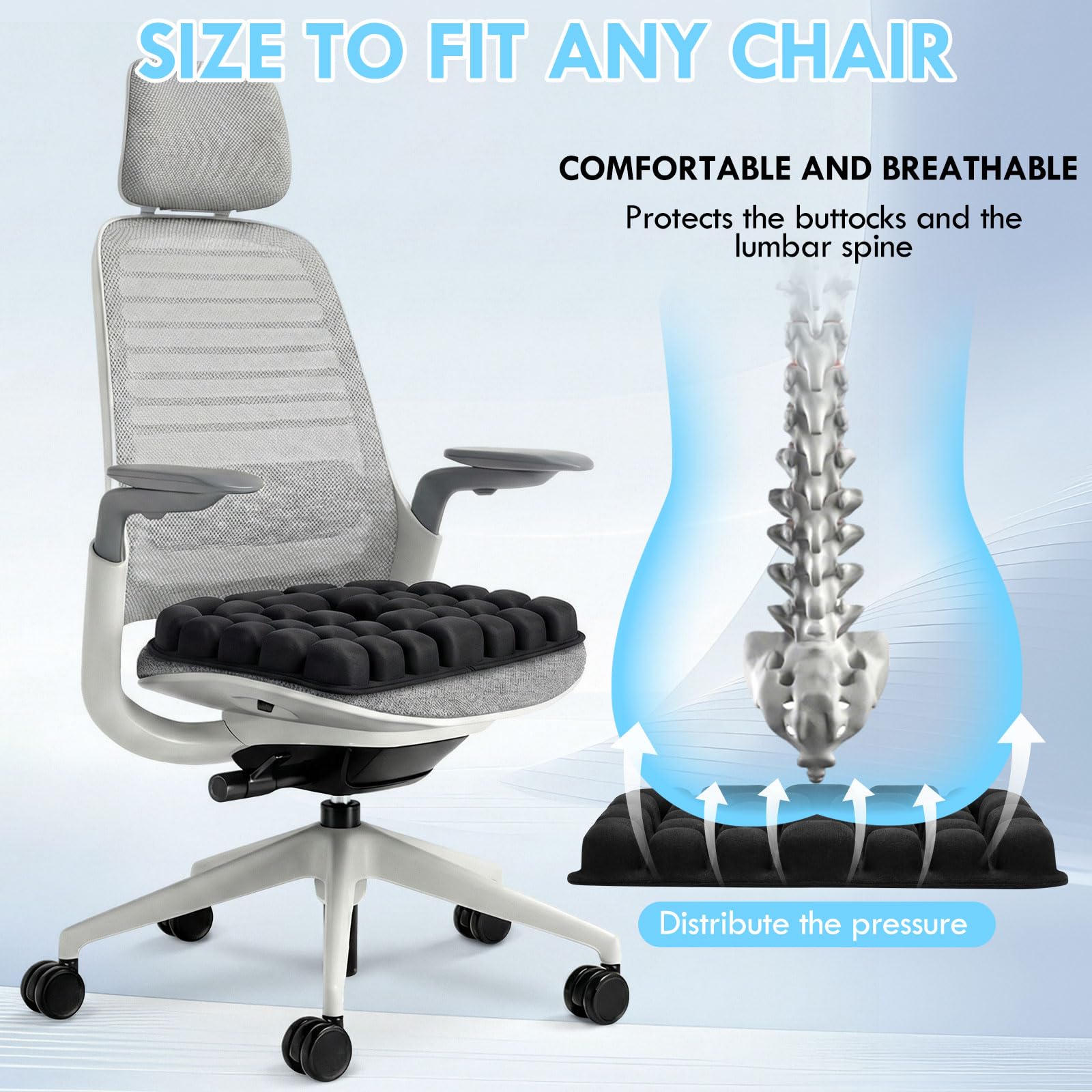 45 x 40 cm Cojín de asiento antidecúbito, ortopédico, ergonómico, inflable, para alivio del coxis durante mucho tiempo, para coche, oficina, hogar, silla de ruedas y silla