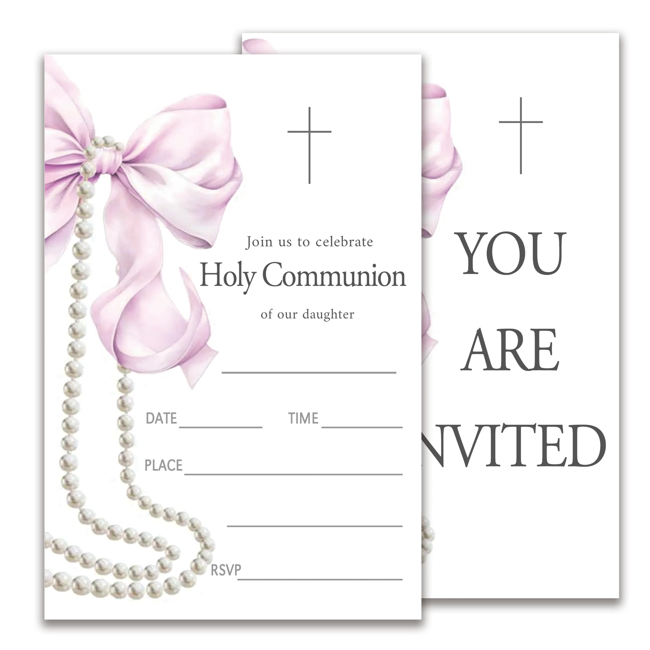 JUPXB Pink Bow Invite, First Communion Invitations for Girls, Baptism Invitations Card, 20 Fill In Style Invite Cards with Envelopes, Girls' Party