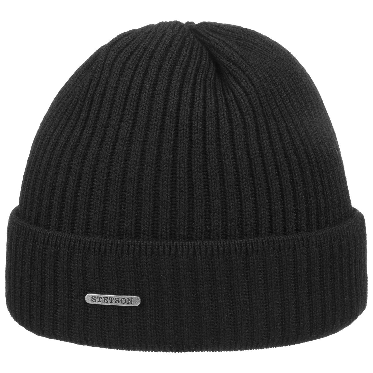 Stetson Unisex Black Parkman Knitted Hat For Ladies/Men - 100% Merino Wool Winter Cap - Made In The Eu - One Size 54-62 Cm Turn-Up Cap - Woolen Cap For Autumn/Winter - Ribbed Cap One Size