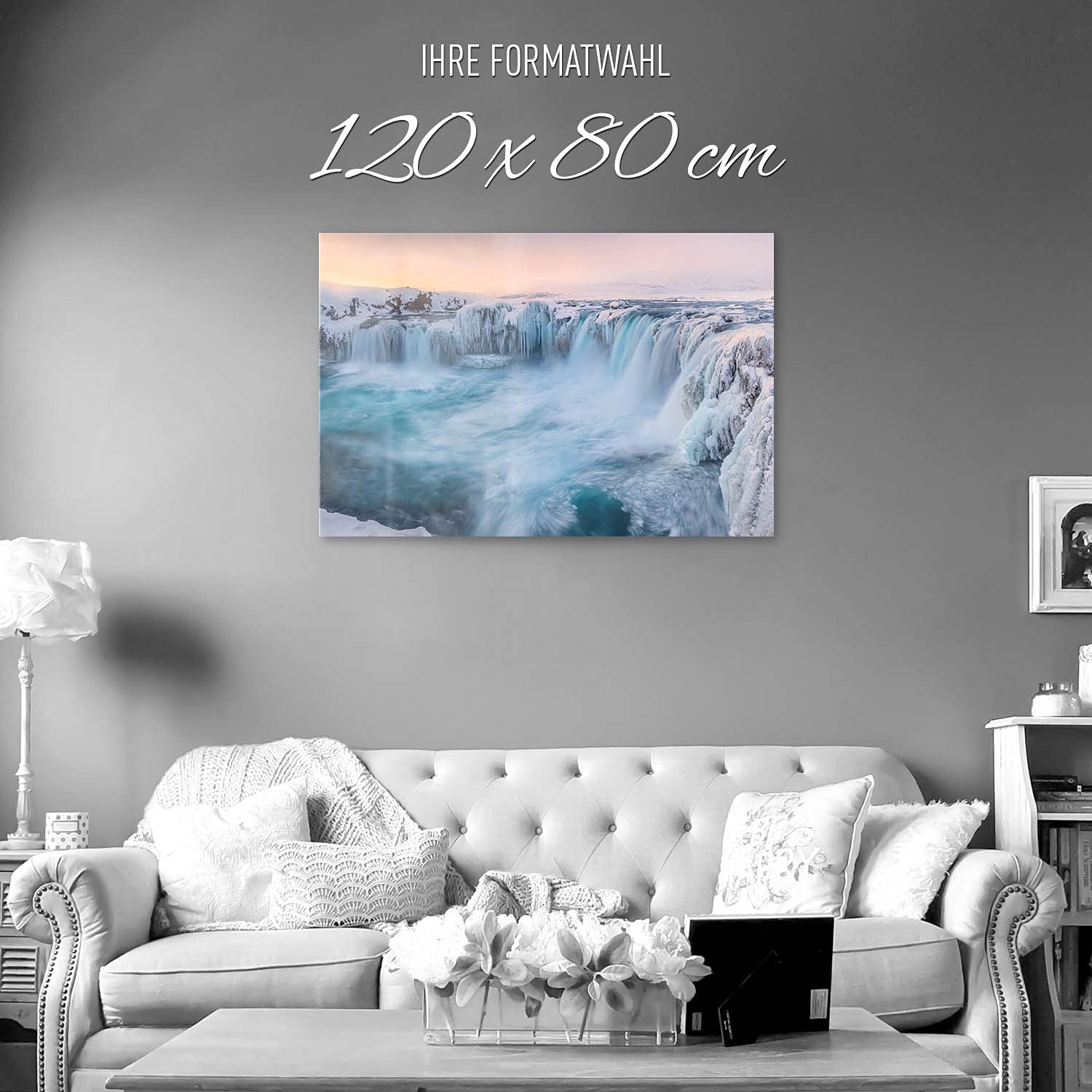 BilderKing Wandbild EIS Wasserfall Nord-Island - 120cm x 80cm Acrylglas 5mm mit Alu-Dibond Verbund + Rückrahmen